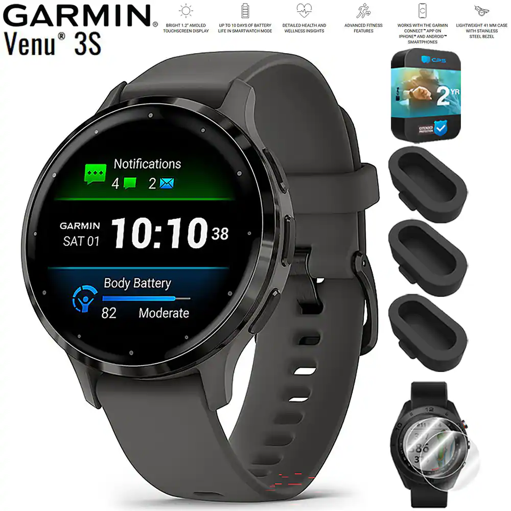 Garmin - Venu 3S GPS Smartwatch Steel with Gray Case 41mm + 2 Year Warranty Bundle - Stainless Steel and Pebble Gray - (2023)