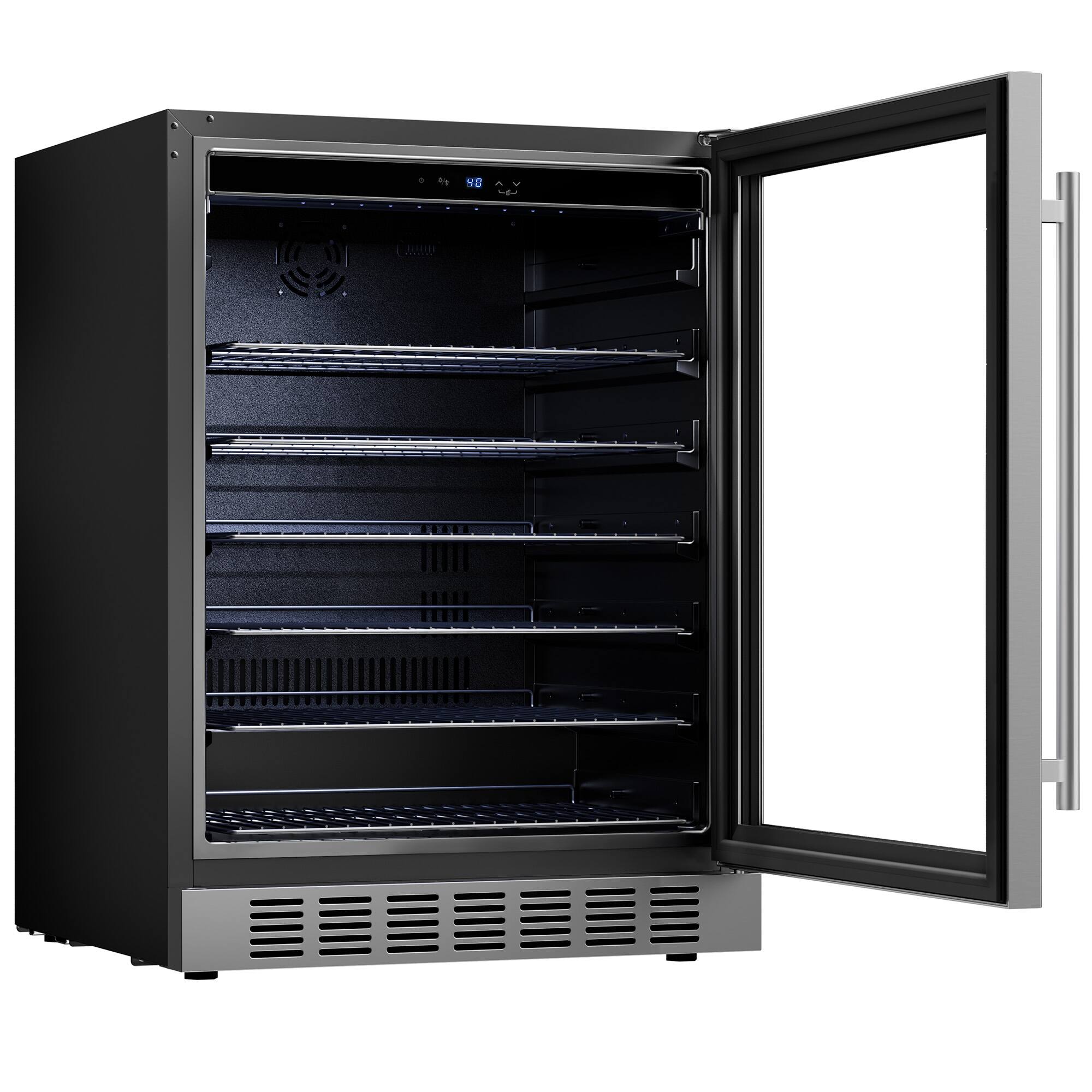 Left. Empava - 23.4 In. 140 Can Built-in / Freestanding Beverage Cooler Fridge W/ Temp Controls, Adjustable Shelves In Black - Black.