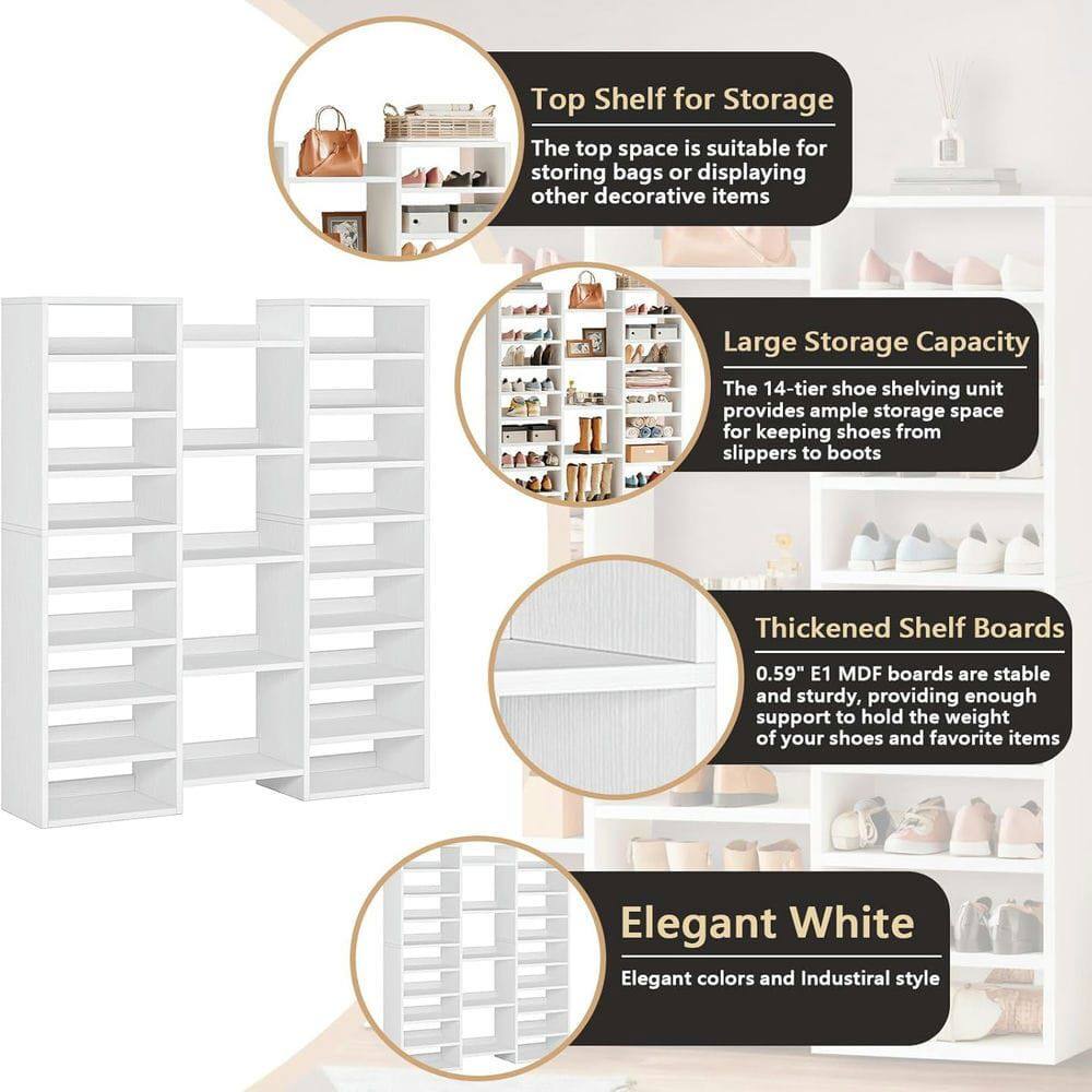 Top Shelf for Storage  
The top space is suitable for storing bags or displaying other decorative items  

Large Storage Capacity  
The 14-tier shoe shelving unit provides ample storage space for keeping shoes from slippers to boots  

Thickened Shelf Boards  
0.59" E1 MDF boards are stable and sturdy, providing enough support to hold the weight of your shoes and favorite items  

Elegant White  
Elegant colors and Industrial style