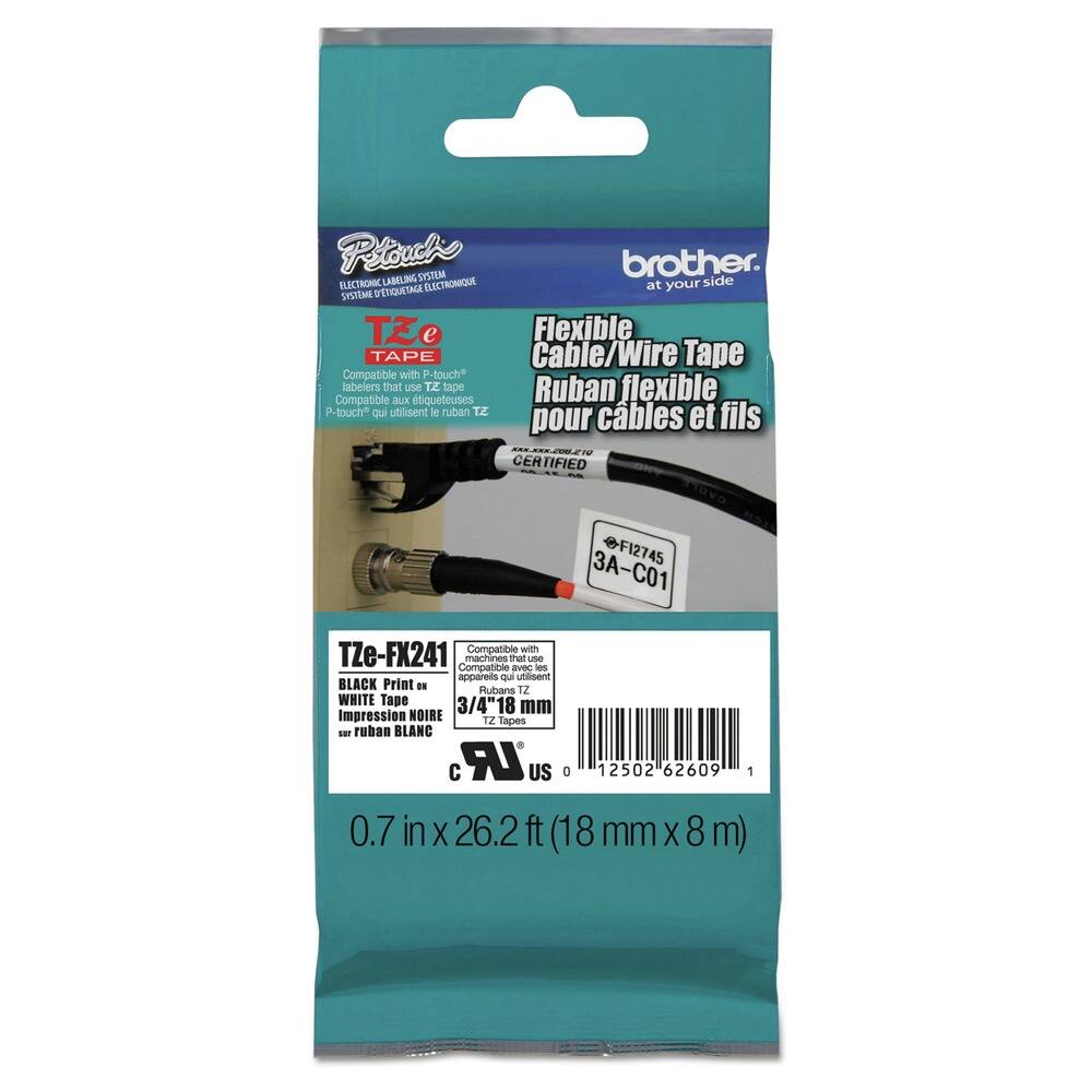 P-touch  
ELECTRONIC LABELING SYSTEM  
SYSTÈME D'ÉTIGUETAGE ÉLECTRONIQUE  

brother.  
at your side  

Flexible Cable/Wire Tape  
Ruban flexible pour câbles et fils  

Compatible with P-touch labelers that use TZ tape  
Compatible avec les étiqueteuses qui utilisent le ruban TZ  

TZe-FX241  
BLACK Print on WHITE Tape  
Impression NOIRE sur ruban BLANC  

3/4" (18 mm)  
0.7 in x 26.2 ft (18 mm x 8 m)  

CERTIFIED  
3A-C01  

US  
0 12502 62609 1