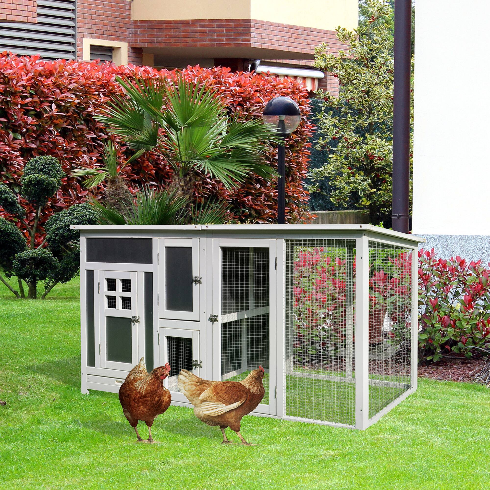 Angle. Pawhut - 63" Outdoor Chicken Coop Wooden, Run Area, Nesting Box, Hen House with Waterproof Roof, Removable Tray.