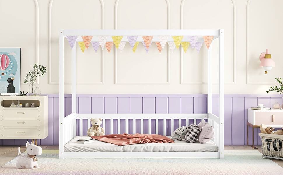 Alt View 5. Tiramisubest - Full Size Canopy Frame Floor Bed with Fence, Guardrails,White - White.