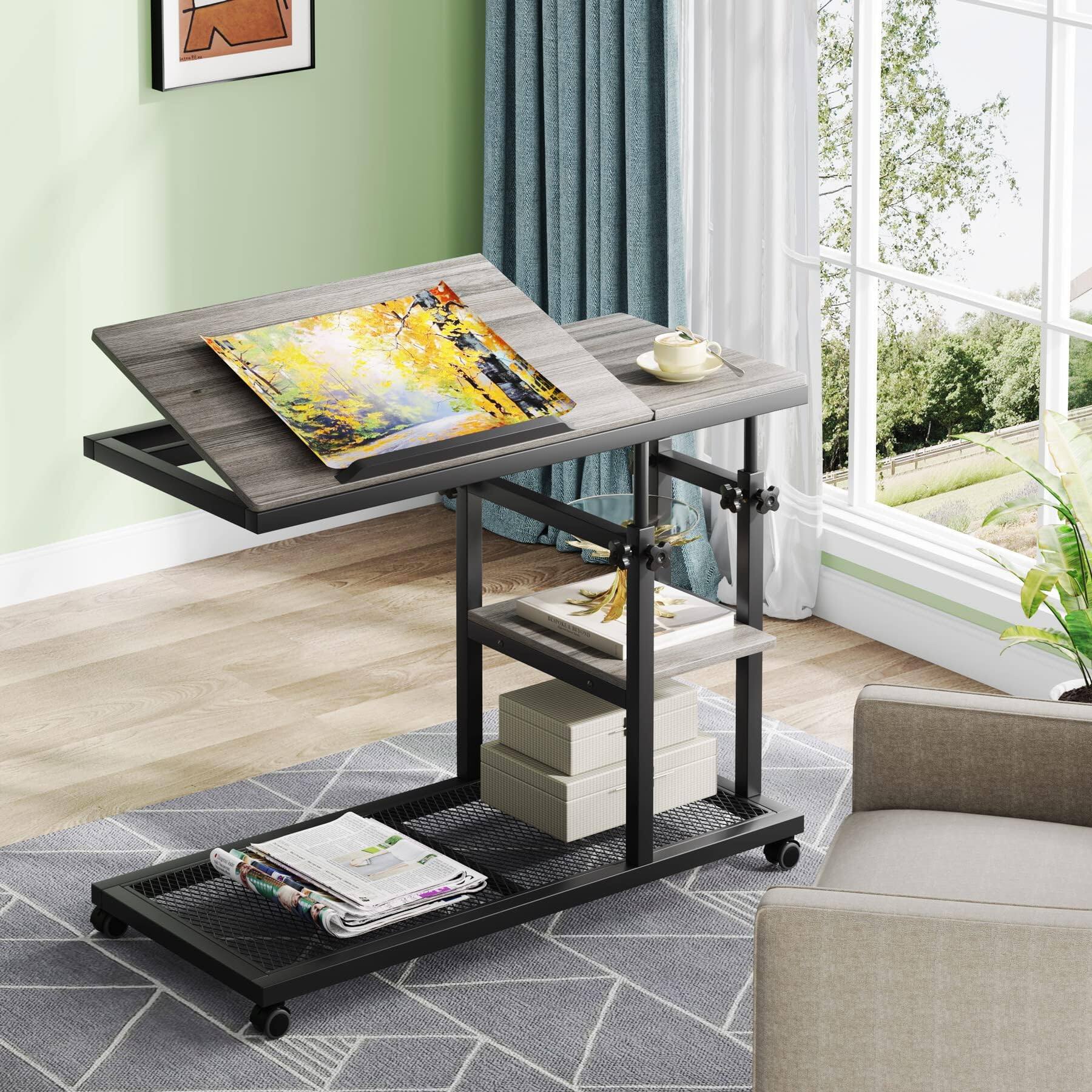 Left. Tribesigns - Height-Adjustable C-Shaped Mobile Laptop Desk with Wheels and Tilting Top for Sofa or Bedside - Grey+black.