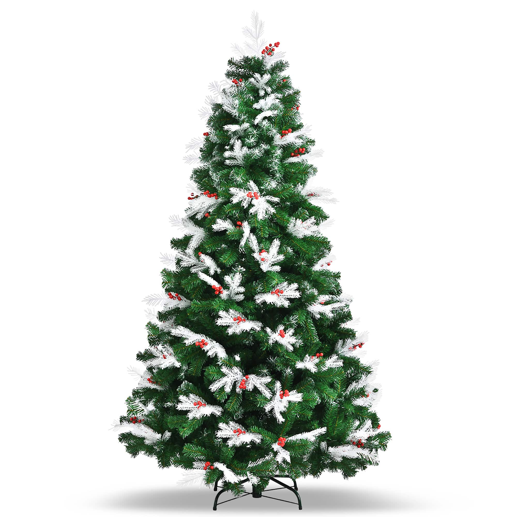 Costway - 7ft Unlit Snowy Hinged Christmas Tree w/ 1180 Mixed Tips & Red Berries - Green/White