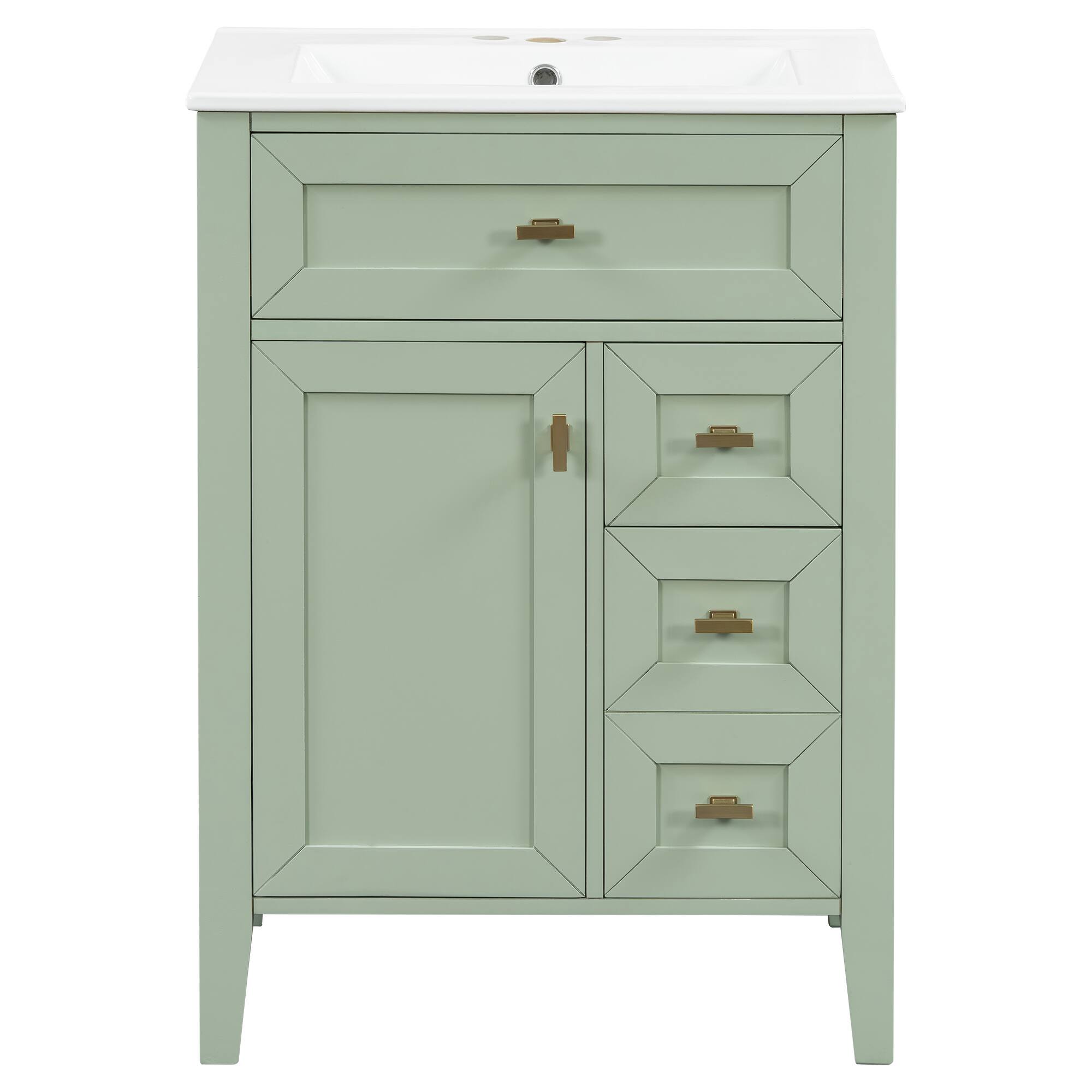 Back. Whisen - 24-Inch Freestanding Bathroom Vanity with Ceramic Sink, 3 Drawers & 2 Door Storage Rack - Green.