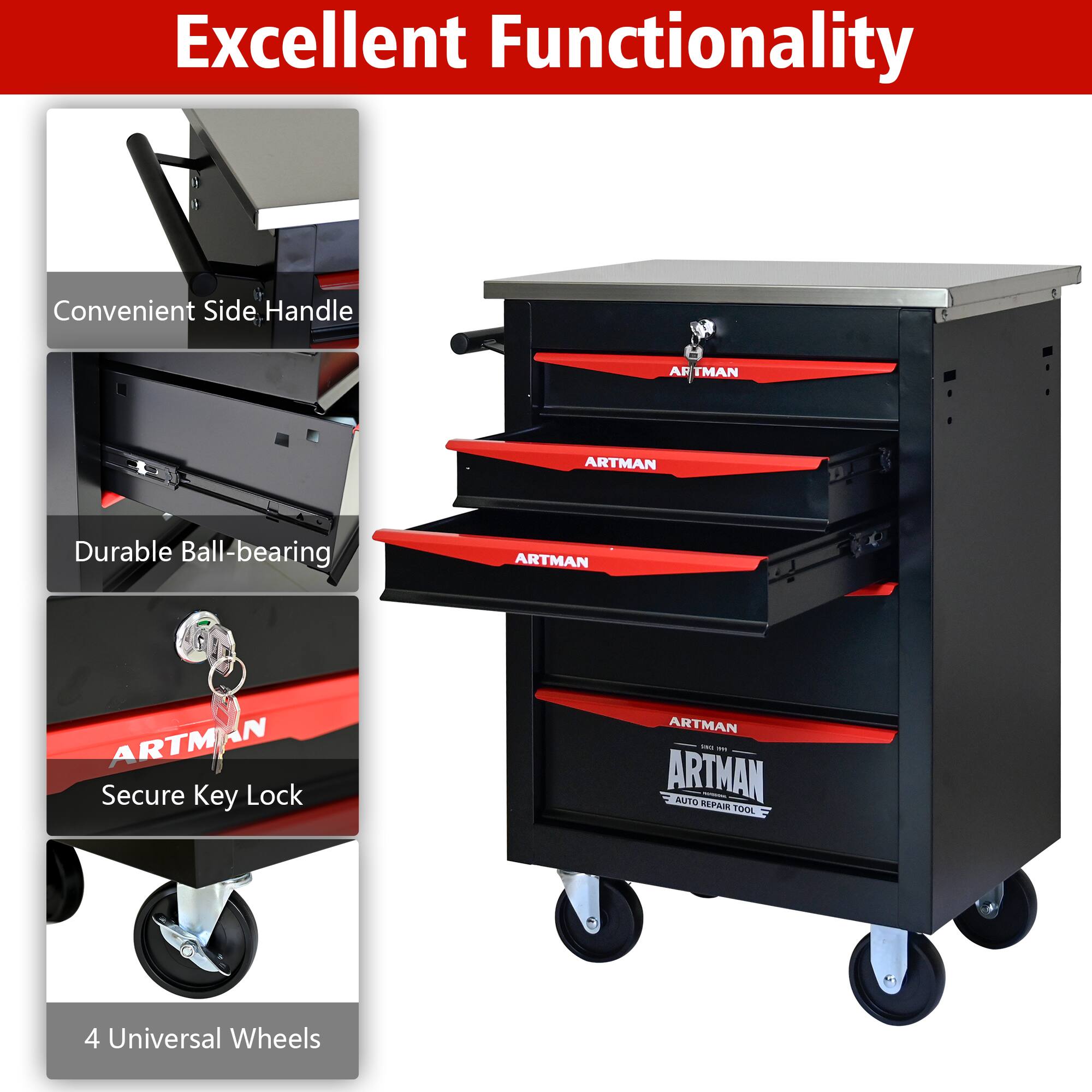 Excellent Functionality

- Convenient Side Handle
- Durable Ball-bearing
- Secure Key Lock
- 4 Universal Wheels