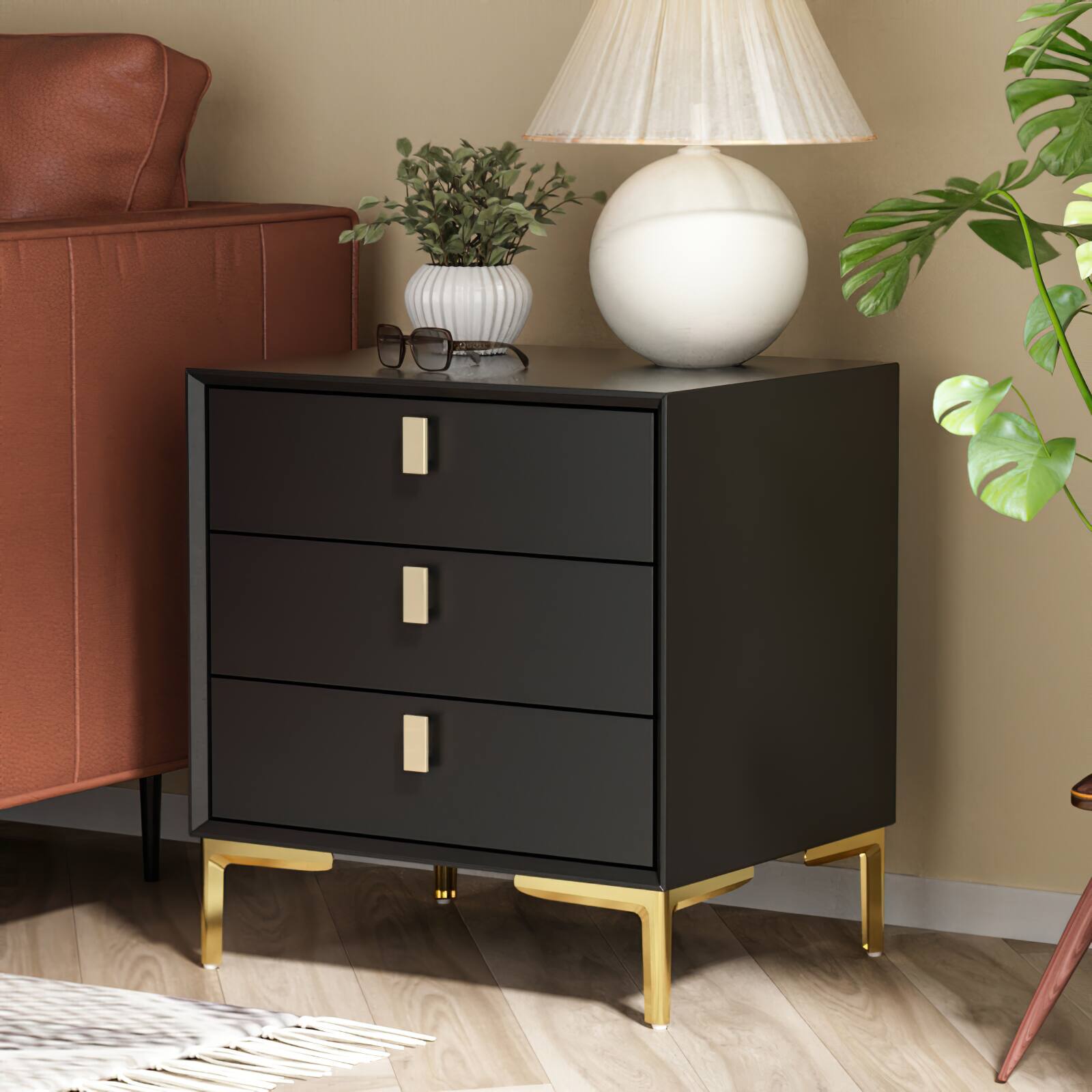 Alt View 5. FUFU & GAGA - FUFU&GAGA Modern Nightstand: Gold Accents, 3 - Drawer Storage - Black.