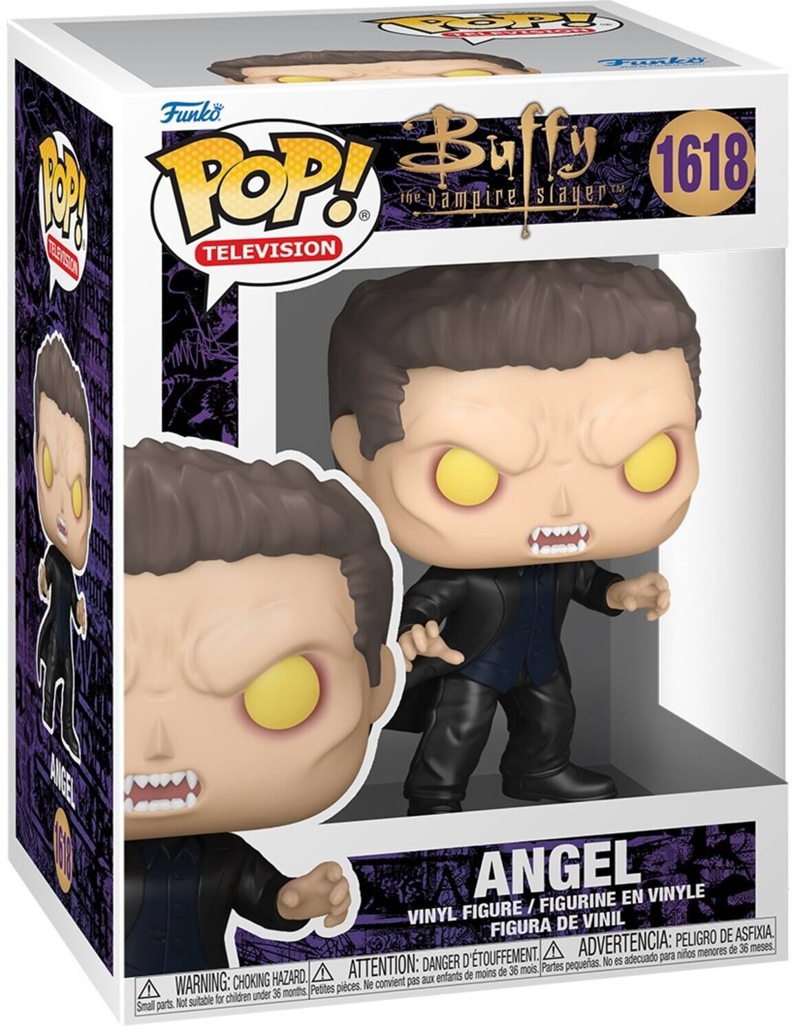 Sure, here is the corrected and grouped text from the image:

---

**Funko POP! TELEVISION**

**Buffy the Vampire Slayer**

**1618**

**ANGEL**

**VINYL FIGURE / FIGURINE EN VINYLE / FIGURA DE VINIL**

**WARNING: CHOKING HAZARD. Small parts. Not suitable for children under 36 months.**

**ATTENTION: DANGER D'ÉTOUFFEMENT. Petites pièces. Ne convient pas aux enfants de moins de 36 mois.**

**ADVERTENCIA: PELIGRO DE ASFIXIA. Partes pequeñas. No es adecuado para niños menores de 36 meses.**

---