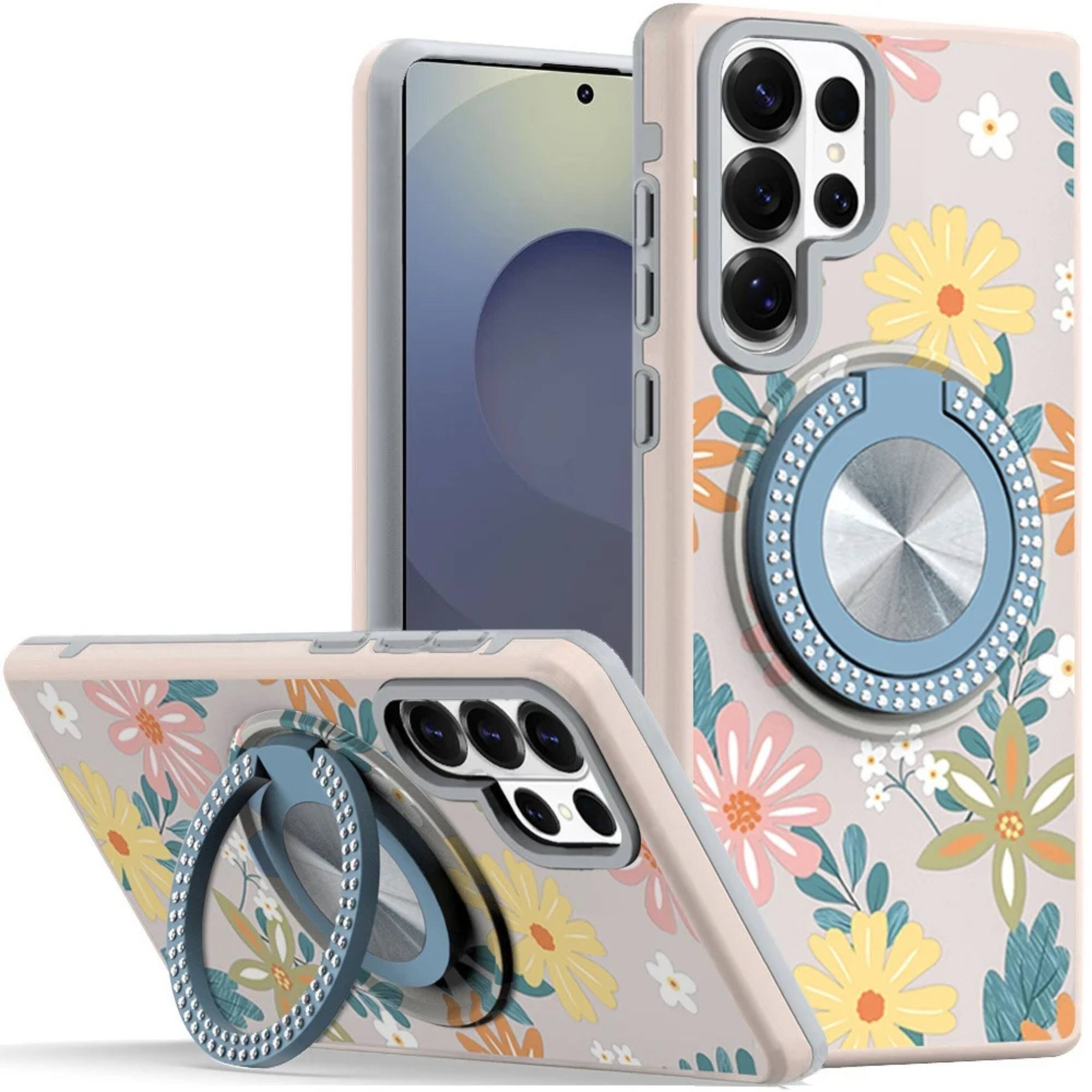 Front. Kitcheniva - Stylish Bling Ring Stand Protective Case With Tempered Glass For Samsung S26 Ultra Grey Flowers - Gray.