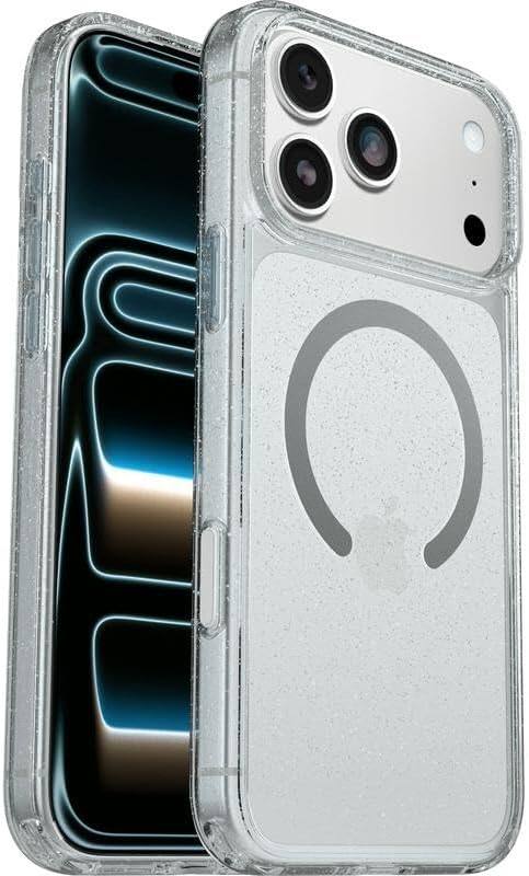 Left. OtterBox - OtterBox iPhone 17 Pro Max (Only) Bundle: Symmetry Series+ Case & Screen Protector - Snaps to MagSafe - Ultra-Sleek - Stardust (Clear/Glitter).