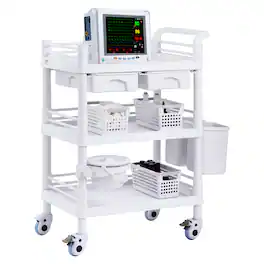 VEVOR - 3 Tiers Lab Carts, Lab Utility Cart with 3 Trays & 4 Silent Wheels, Mobile Medical Cart with PP Material, 3 Trash Cans - White