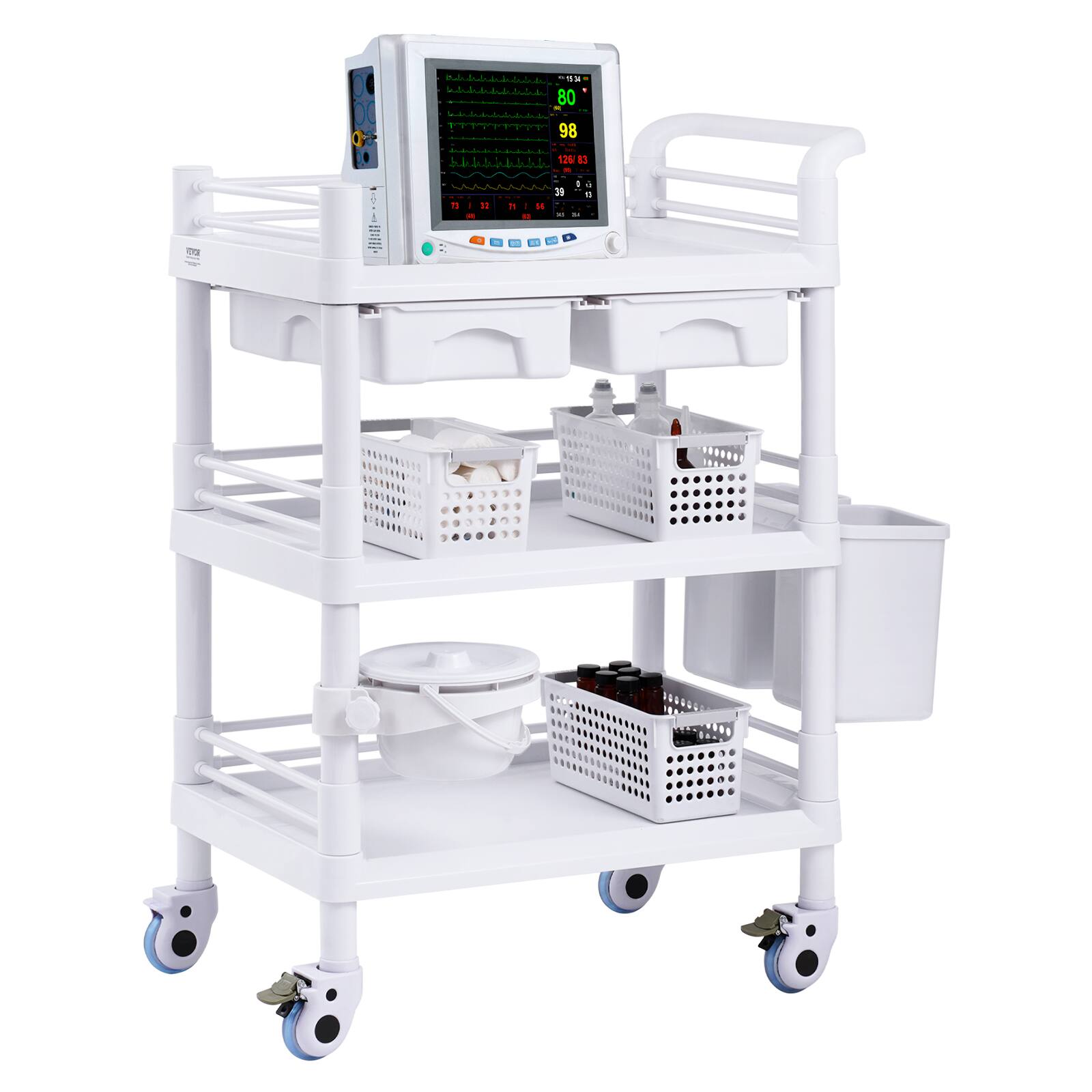 Front. VEVOR - 3 Tiers Lab Carts, Lab Utility Cart with 3 Trays & 4 Silent Wheels, Mobile Medical Cart with PP Material, 3 Trash Cans - White.