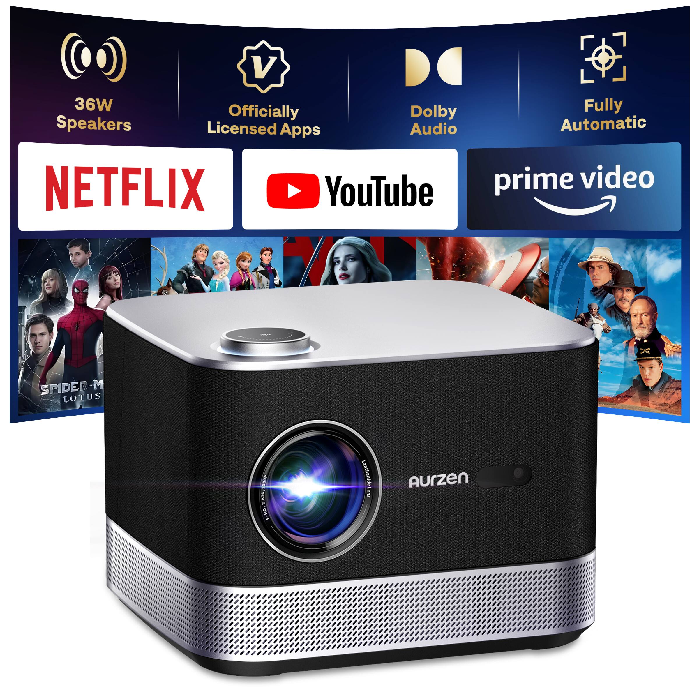 - 36W Speakers
- Officially Licensed Apps
- Dolby Audio
- Fully Automatic
- NETFLIX
- YouTube
- prime video
- SPIDER-MAN: NO WAY HOME
- LOTUS
- Aurzen