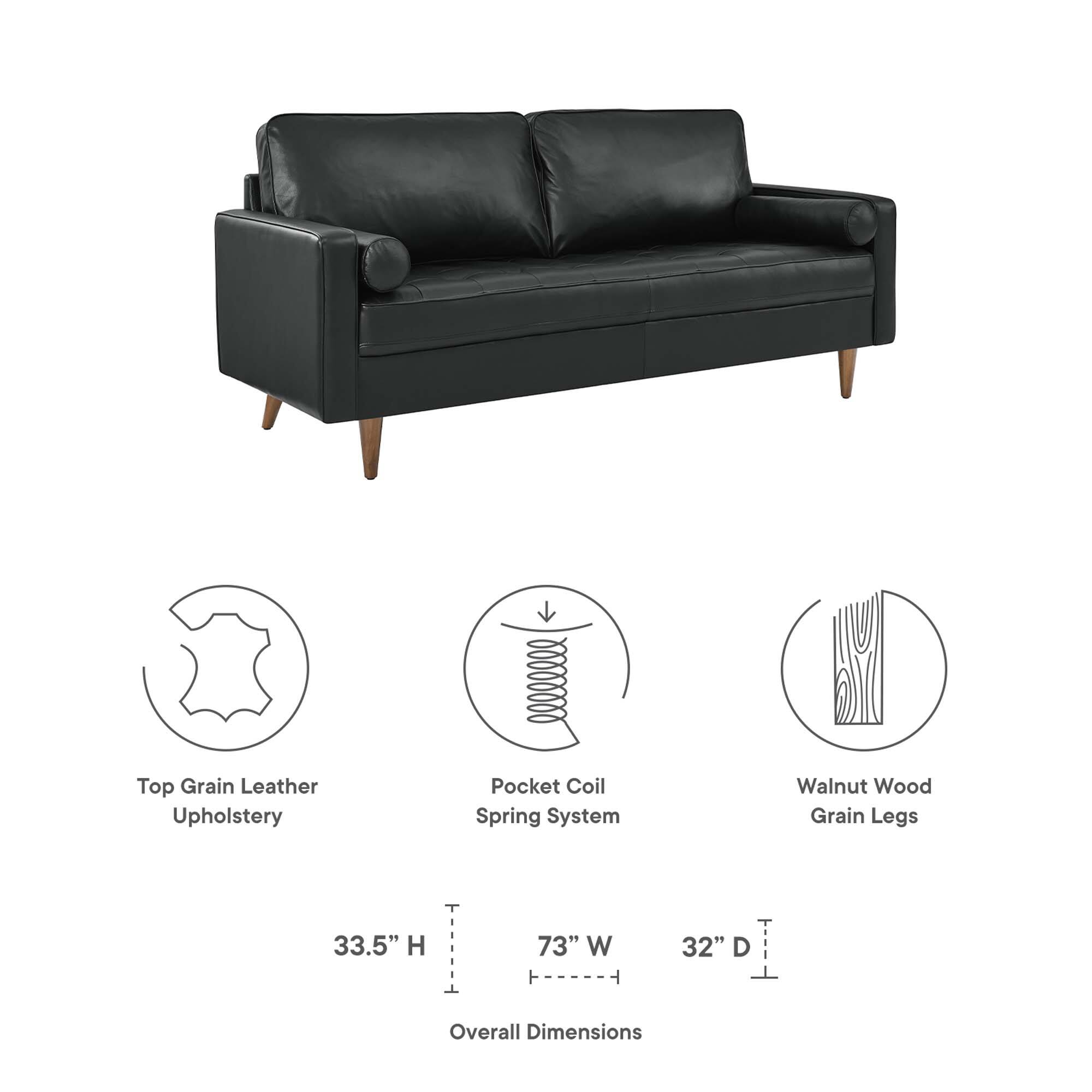 Top Grain Leather Upholstery  
Pocket Coil Spring System  
Walnut Wood Grain Legs  

Overall Dimensions:  
33.5" H  
73" W  
32" D
