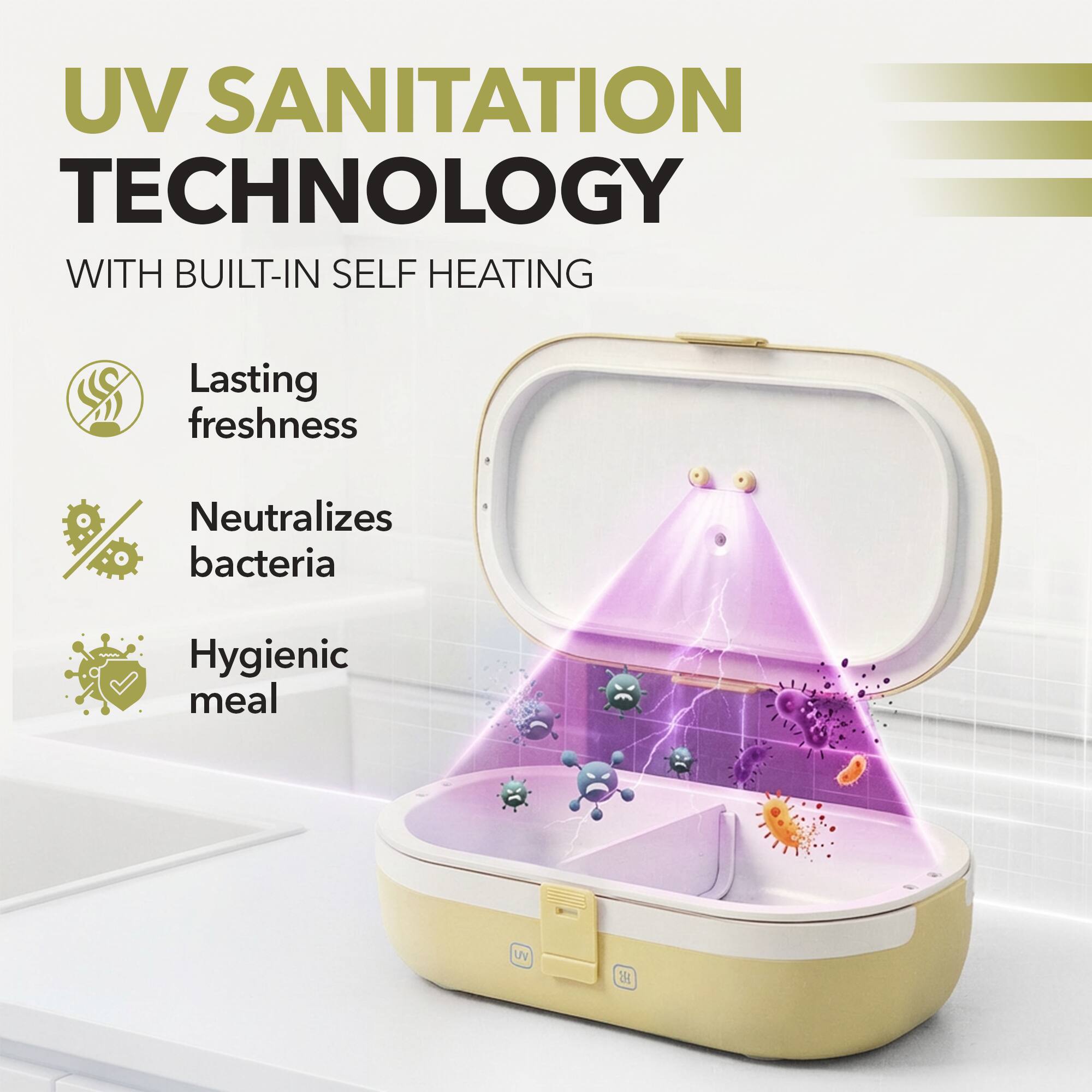 UV SANITATION TECHNOLOGY  
WITH BUILT-IN SELF HEATING  

- Lasting freshness  
- Neutralizes bacteria  
- Hygienic meal