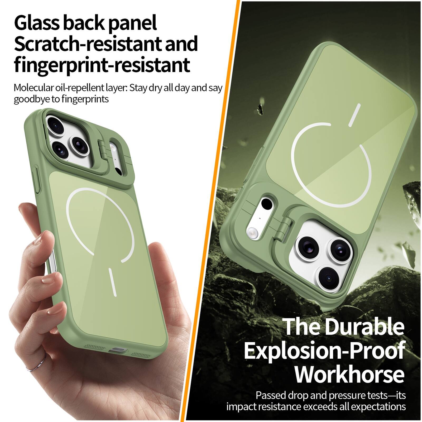Glass back panel Scratch-resistant and fingerprint-resistant Molecular oil-repellent layer: Stay dry all day and say goodbye to fingerprints The Durable Explosion-Proof Workhorse Passed drop and pressure tests—its impact resistance exceeds all expectations