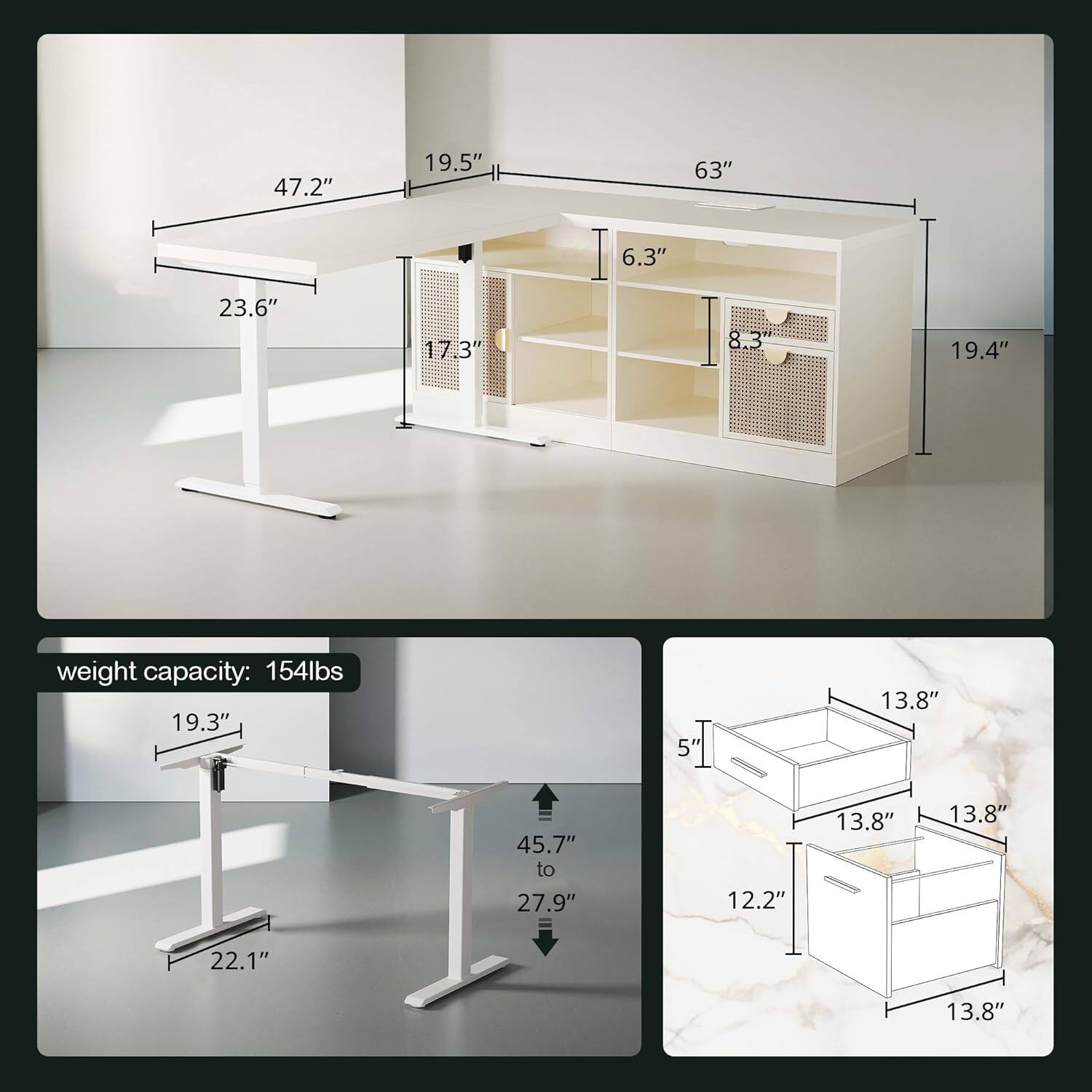 47.2"  
19.5"  
63"  
6.3"  
23.6"  
17.3"  
8.3"  
19.4"  

Weight capacity: 154lbs  

19.3"  
5"  
13.8"  
45.7" to 27.9"  
12.2"  
13.8"  
13.8"  
22.1"  
13.8"