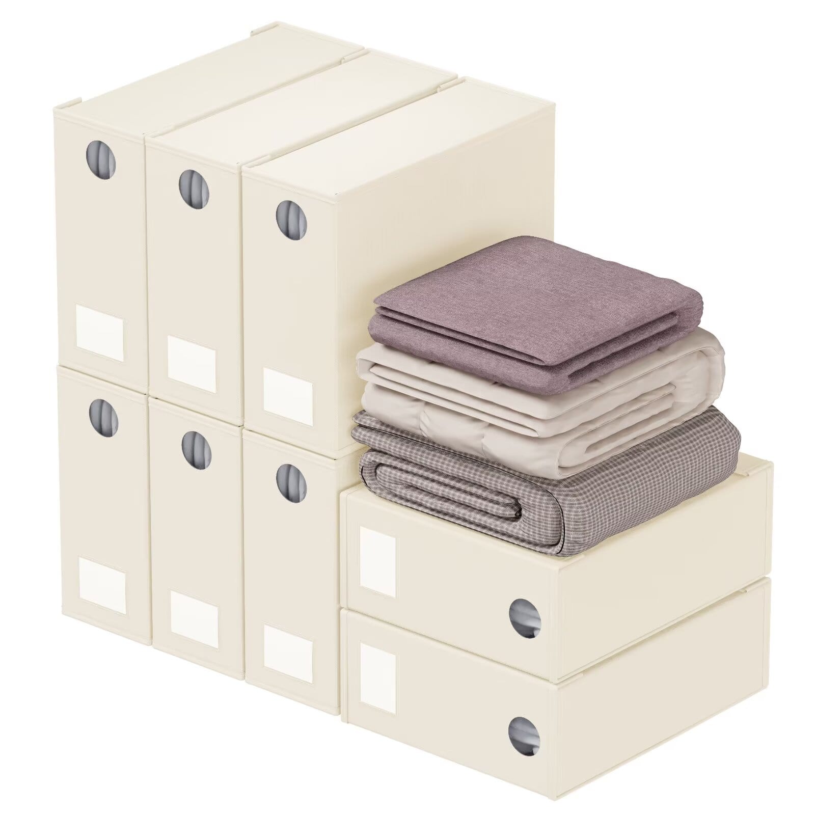 Tooloton - Bed Sheet Organizers 8 Pack, Linen Closet Storage with Window, Queen King Size Bedding Container - Beige