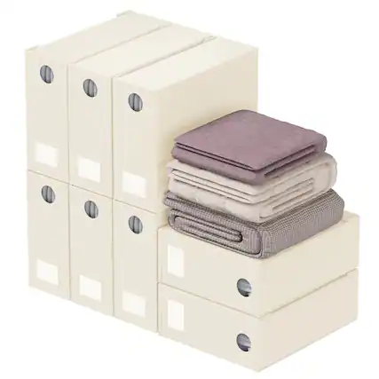 Front. Tooloton - Bed Sheet Organizers 8 Pack, Linen Closet Storage with Window, Queen King Size Bedding Container, Beige - Beige.