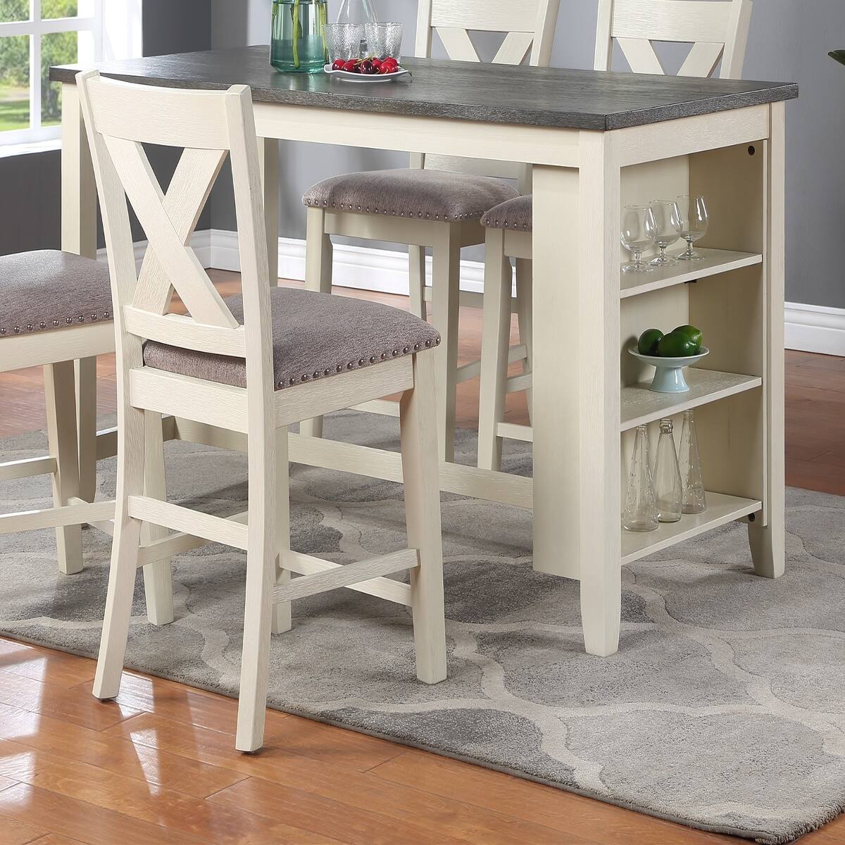 Loheer - Counter Height Dining Table with Side Storage Shelves, Solid Wood, 60 Inches - Off-White