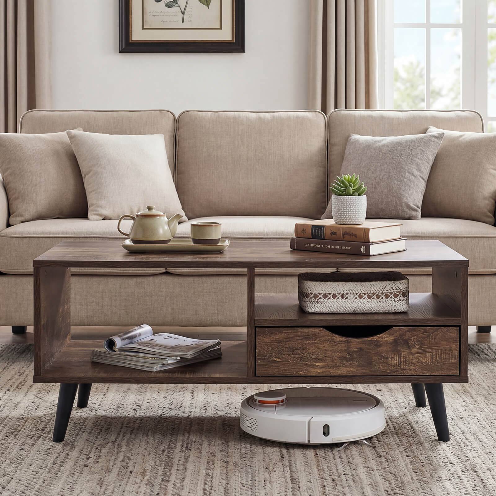 Alt View 4. Costway - Costway Coffee Table with Storage, Rustic Rectangle Center Table with Drawer & Open Shelves - Walnut.