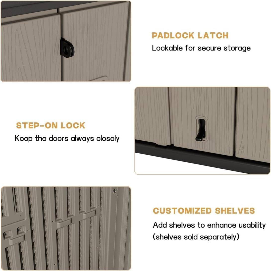 PADLOCK LATCH  
Lockable for secure storage  

STEP-ON LOCK  
Keep the doors always closely  

CUSTOMIZED SHELVES  
Add shelves to enhance usability  
(shelves sold separately)