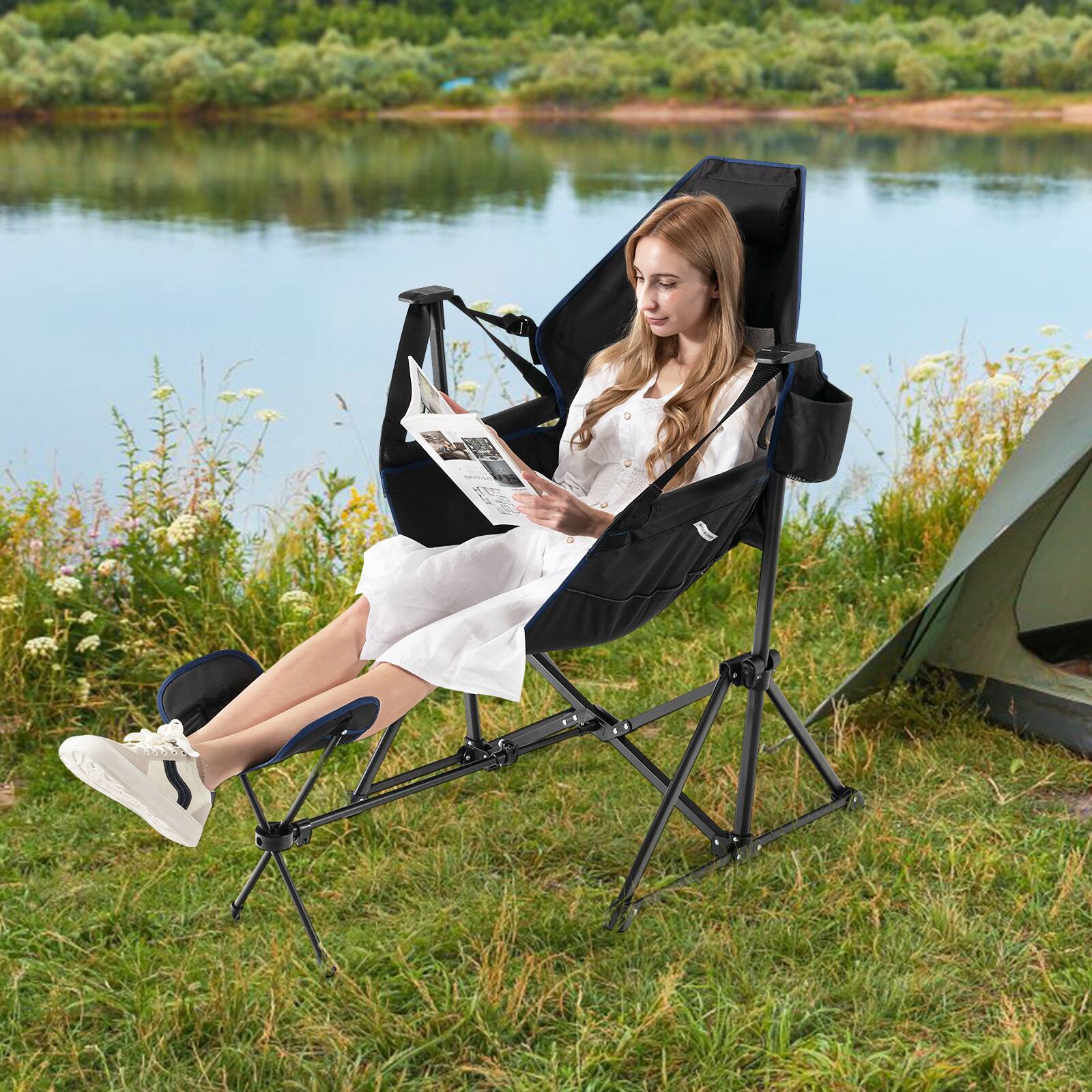 Alt View 3. Costway - Costway 2 PCS Hammock Camping Chair with Retractable Footrest & Carrying Bag for Camping - Black.