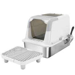 PULUZ - Extra Large Stainless Steel Litter Box, Enclosed Cat Litter Box with Scoop, Deodorizer Bag, Sand Drop Pedal - White
