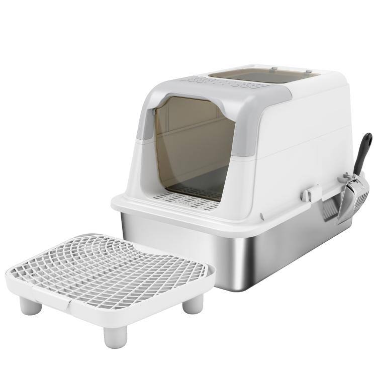Front. PULUZ - Extra Large Stainless Steel Litter Box, Enclosed Cat Litter Box with Scoop, Deodorizer Bag, Sand Drop Pedal - White.