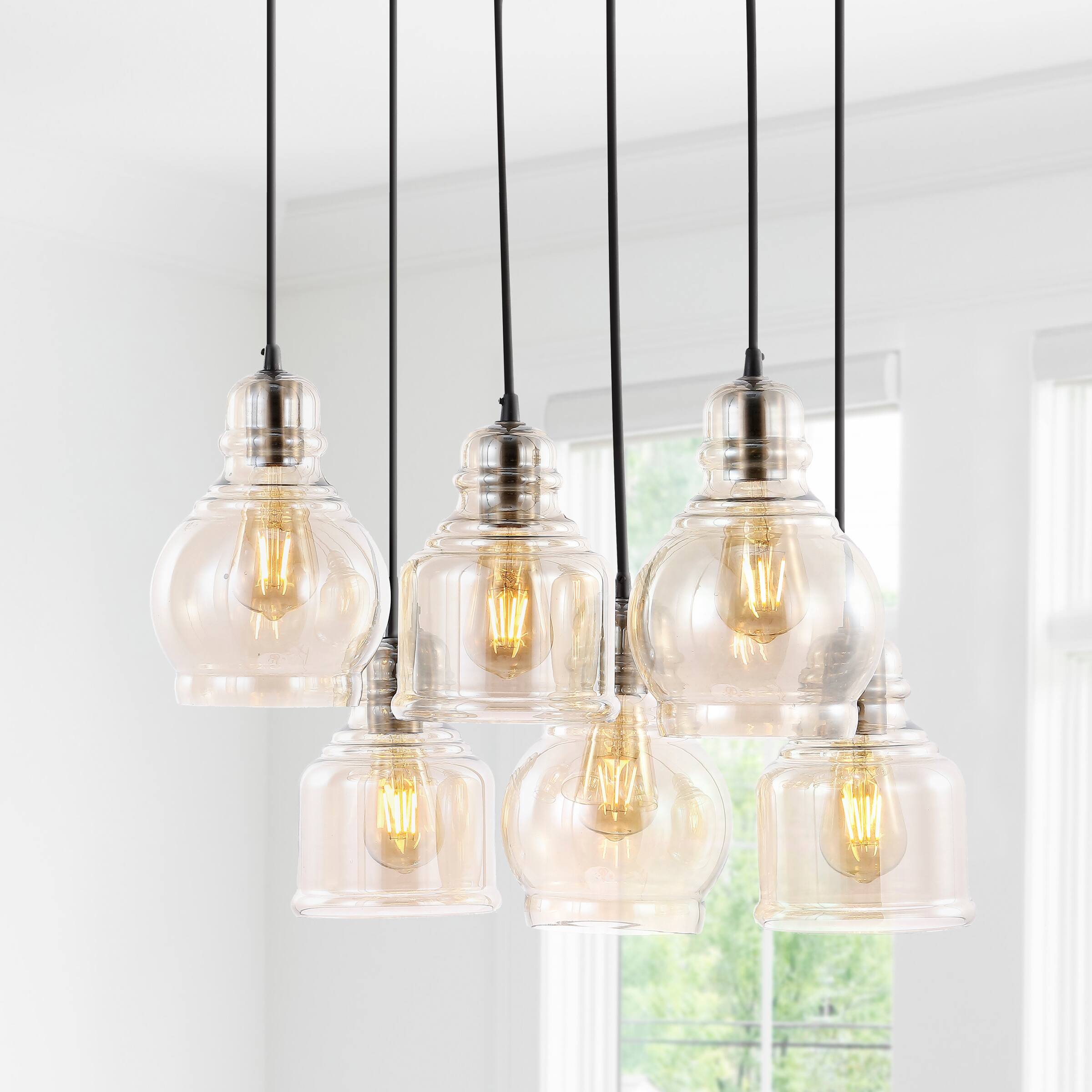 Alt View 1. Jonathan Y - Sydney 18.88" 6-Light Bohemian Farmhouse Iron/Glass Cluster LED Pendant, Nickel/Champagne - Nickel.
