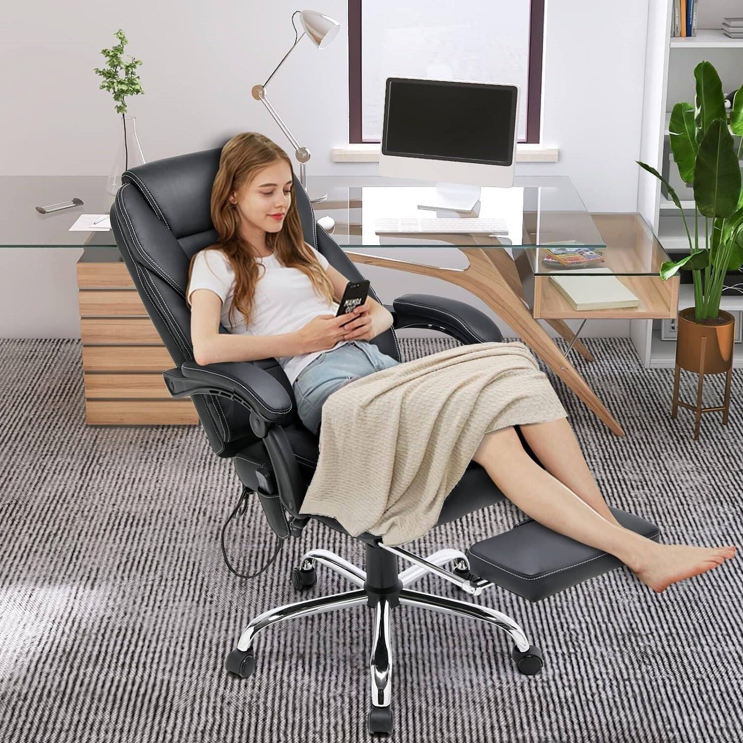 Angle. U-HOMY - Elianagrace Ergonomic Reclining Office Chair – Massage, Heating Function, and Retractable Foot Rest for All-Day Comfort - Black.