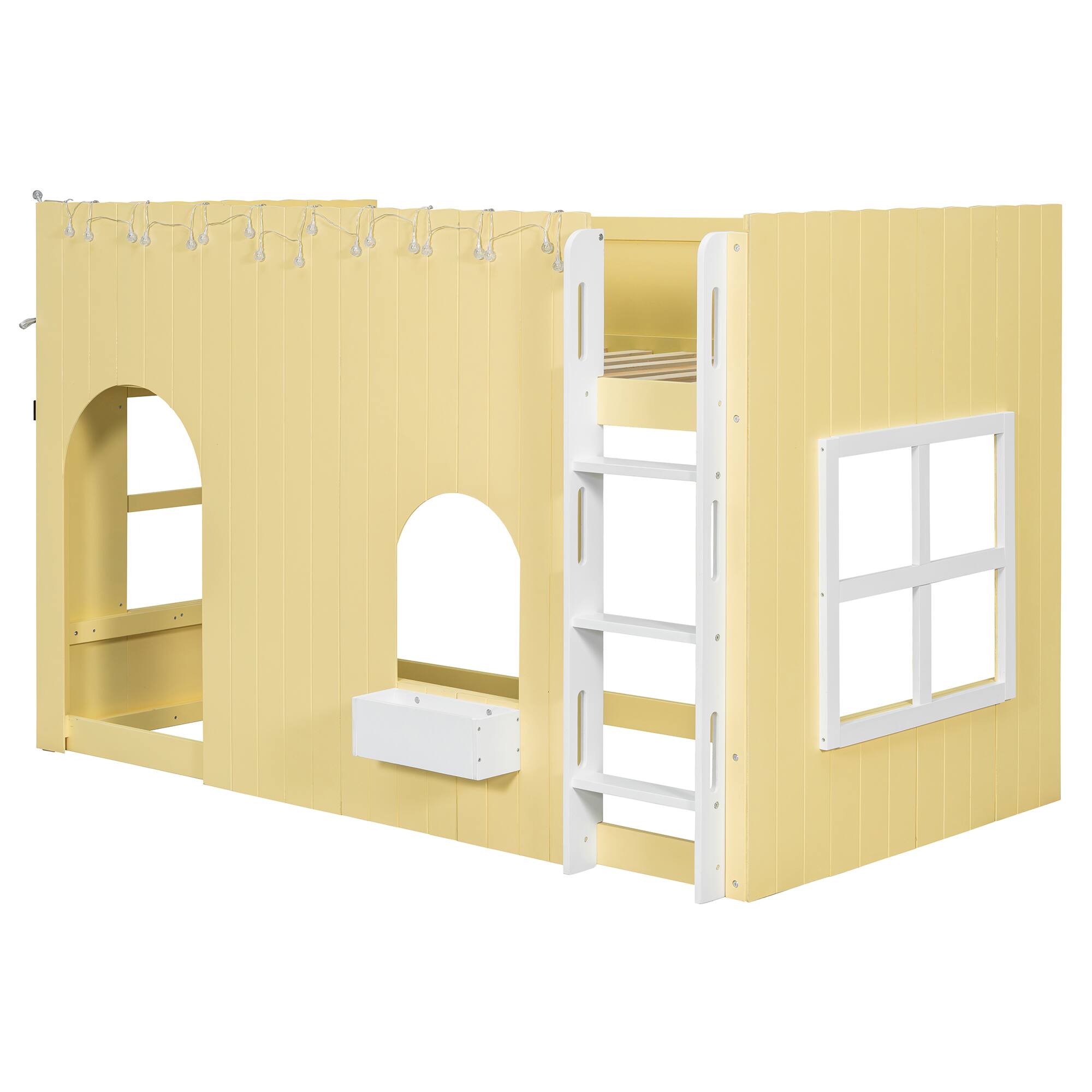 Angle. Whisen - Kids Loft Bed with LED Light String,Cottage-Style Play House Bed with Guardrails - Yellow.