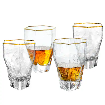 Front. BreeBe - Gold Rimmed Hammer Hexagon Glass (set of 4) - Clear.