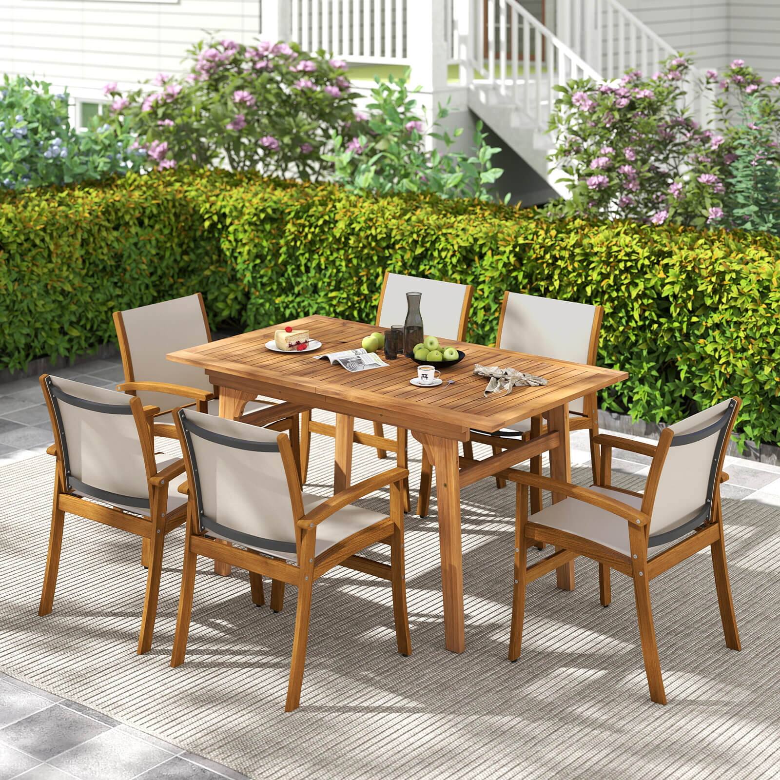Alt View 3. Costway - Costway 4 PCS Outdoor Dining Chairs Acacia Wood Patio Chairs with Breathable Fabric Seat - Beige.