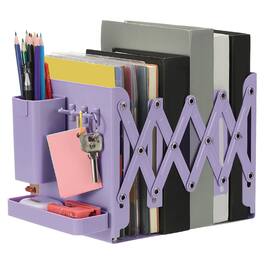 Unique Bargains - Adjustable Book Ends, 7.5" Tall Heavy Duty Metal Adjustable Bookends, with Removable Pen Holder Tray and 3 Hook-up - Purple