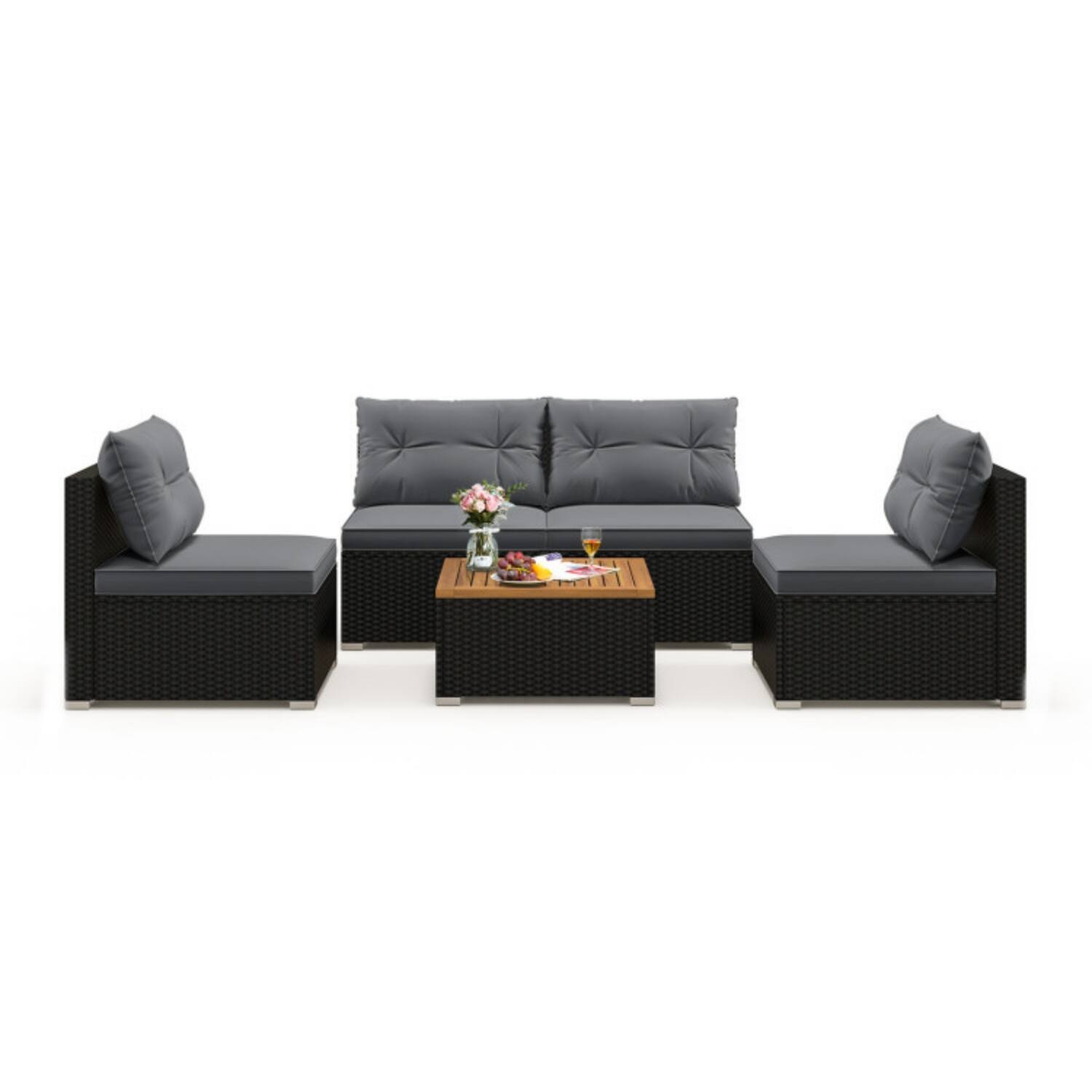 Alt View 3. Mondawe - 27 x 25 x 25 IN Freestanding Patio Rattan Set with 4 Chairs and Table 5-Piece - Black+Gray.