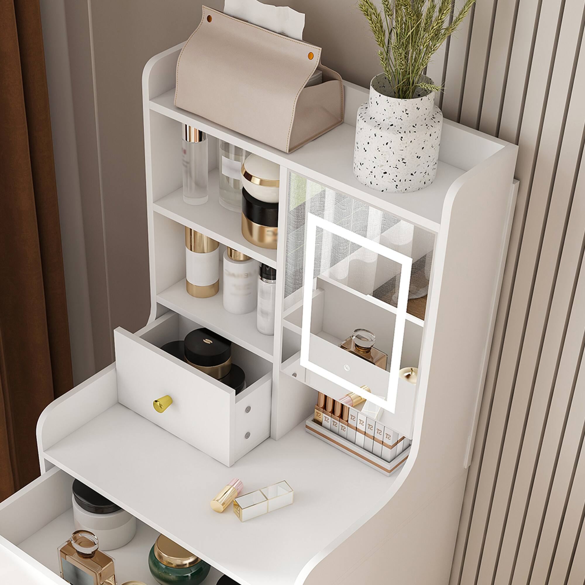 Back. GOODSILO - Compact Multi-Functional Dressing Table with LED Mirror and Hidden Storage Stool for Bedroom Organization - White.