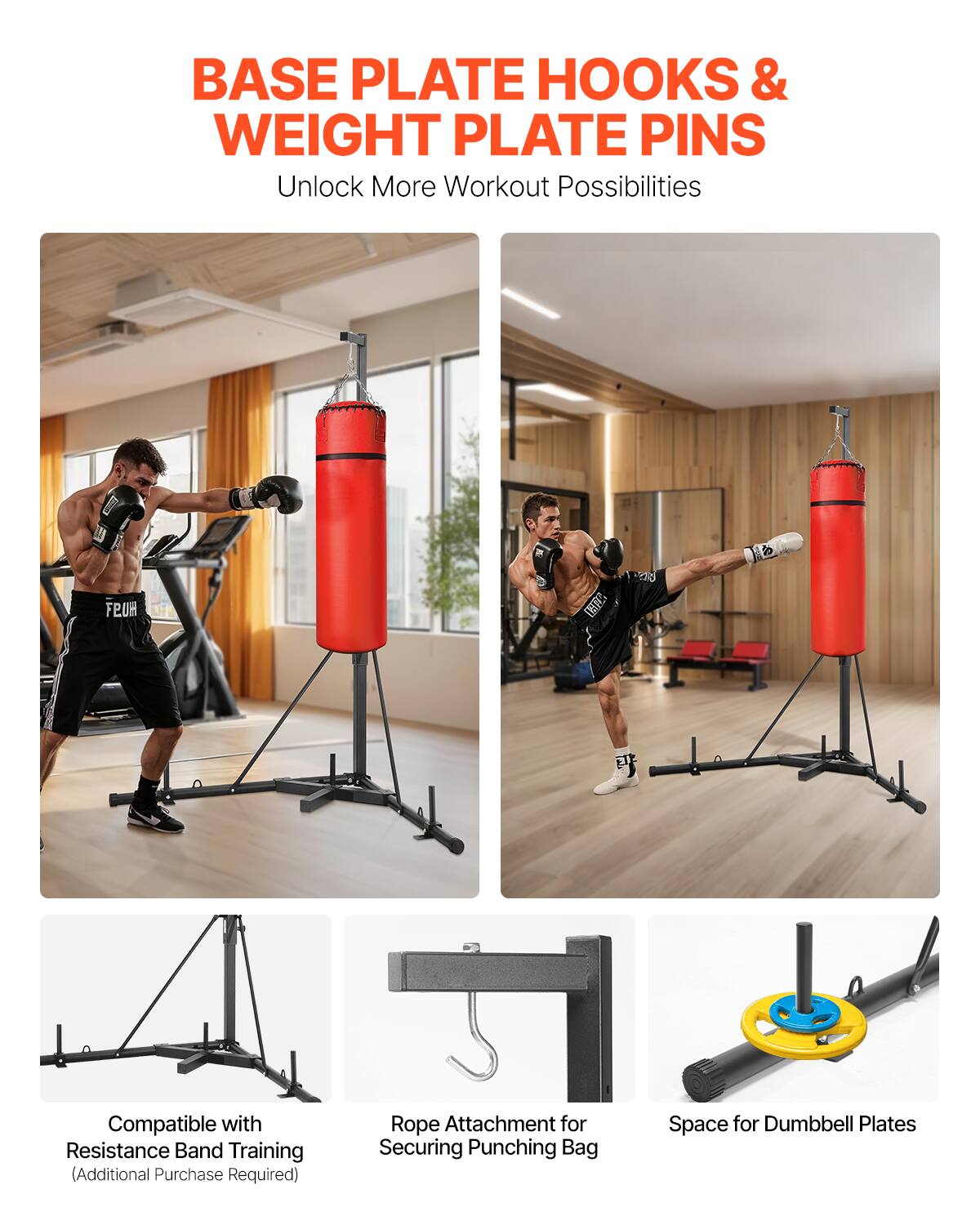 BASE PLATE HOOKS & WEIGHT PLATE PINS Unlock More Workout Possibilities

FEUH Compatible with Resistance Band Training (Additional Purchase Required)
Rope Attachment for Securing Punching Bag
Space for Dumbbell Plates