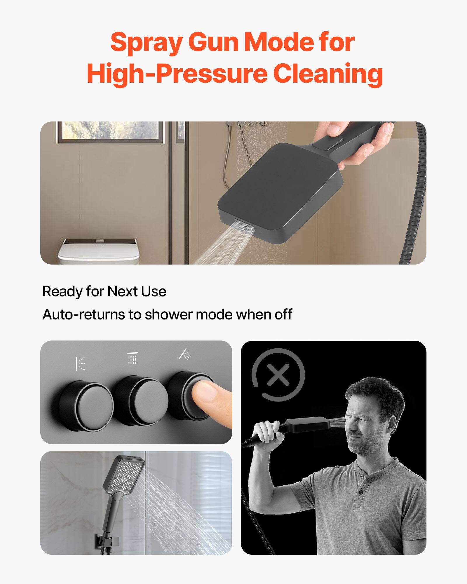 Spray Gun Mode for High-Pressure Cleaning

Ready for Next Use  
Auto-returns to shower mode when off