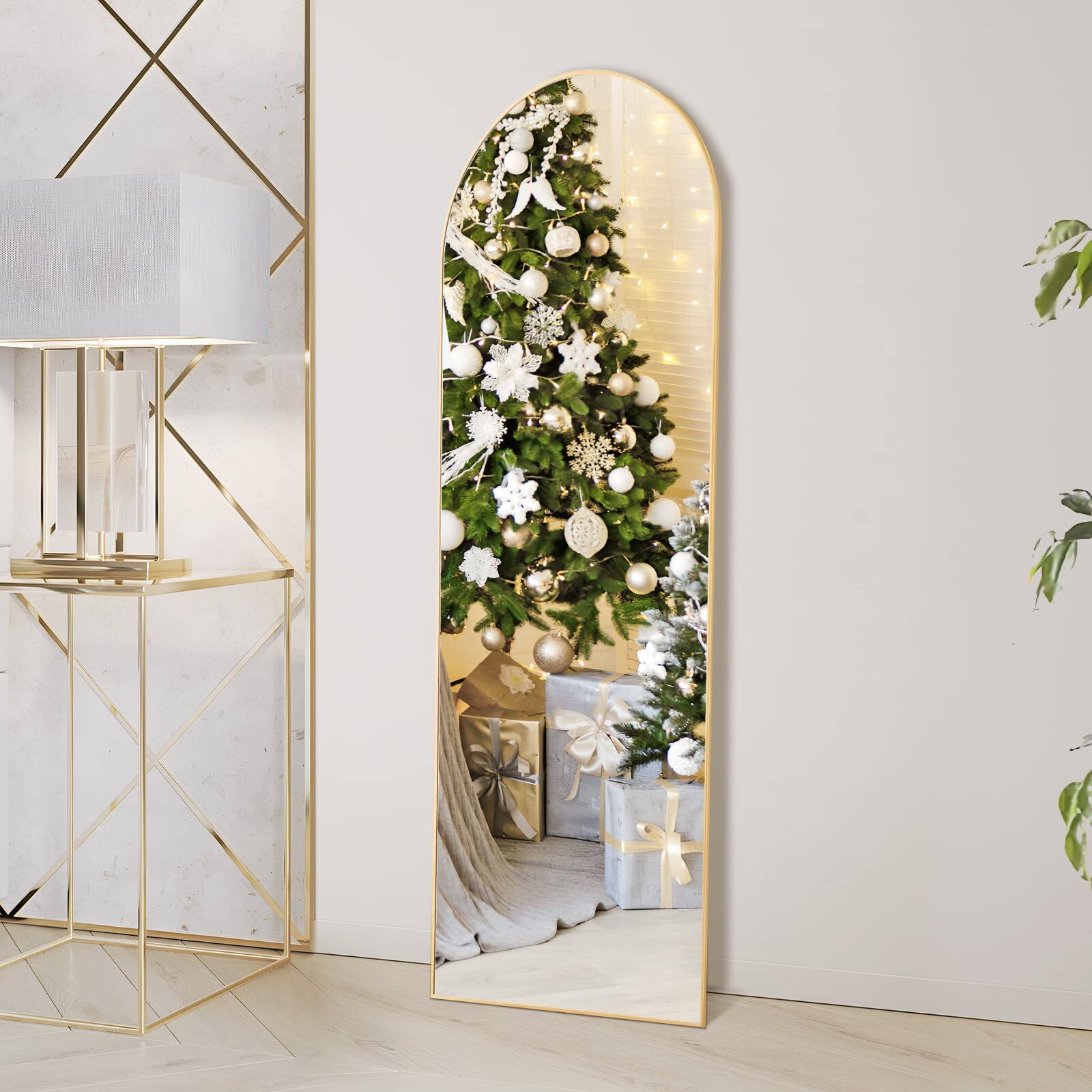 Alt View 4. Live At Space - Arched Full Length Mirror 59"x16" For Bedroom Body With Stand Hanging Or Leaning Wall Aluminum Alloy Thin Frame Floor - Classical Gold-arched-59"L x 16"W.