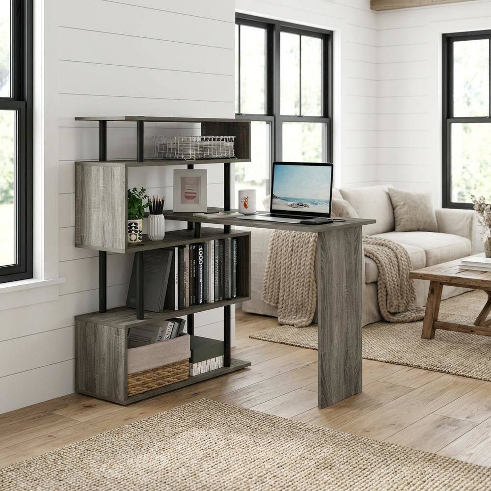 Angle. BisonOffice - L-Shaped Computer Desk - 5-Tiers, French Oak, Black finish, sturdy workspace - French Oak/Black.