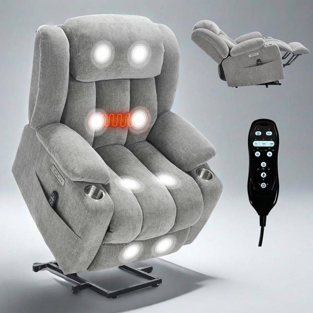 Angle. Kadyn - Power Lift Recliner Chair, 8-Point Massage & Heat, Dual USB Ports, Cup Holders, 350lb Capacity, Gray - Gray.