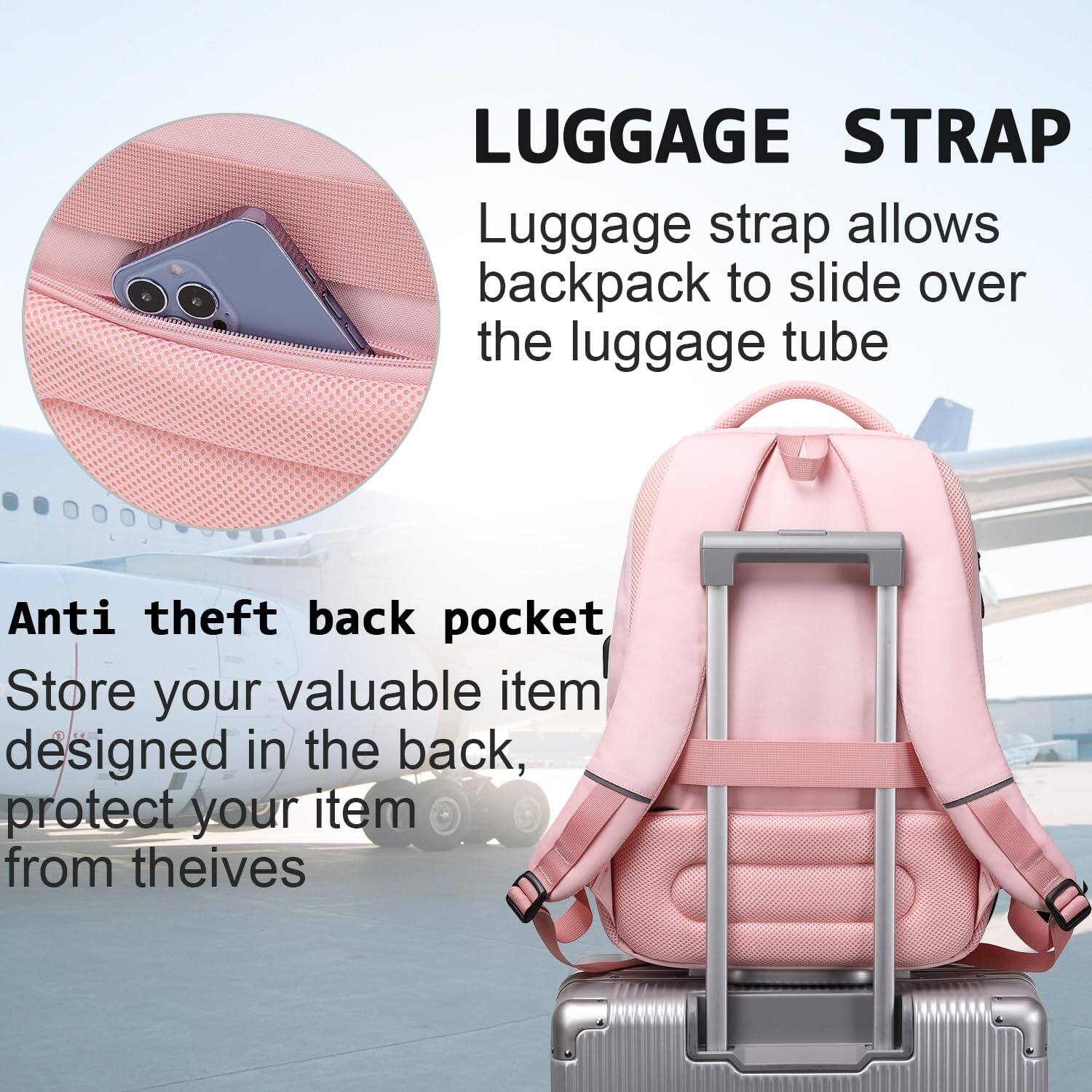 LUGGAGE STRAP

Luggage strap allows backpack to slide over the luggage tube

Anti theft back pocket
Store your valuable item designed in the back, protect your item from theives