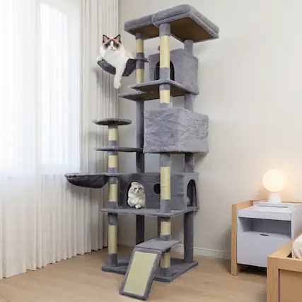 Front. Siljoy - 84.6" Dark Gray Cat Tree Tower with Wide Base, 3 Condos, 11 Scratching Posts, 2 Hammocks & Top Platform.