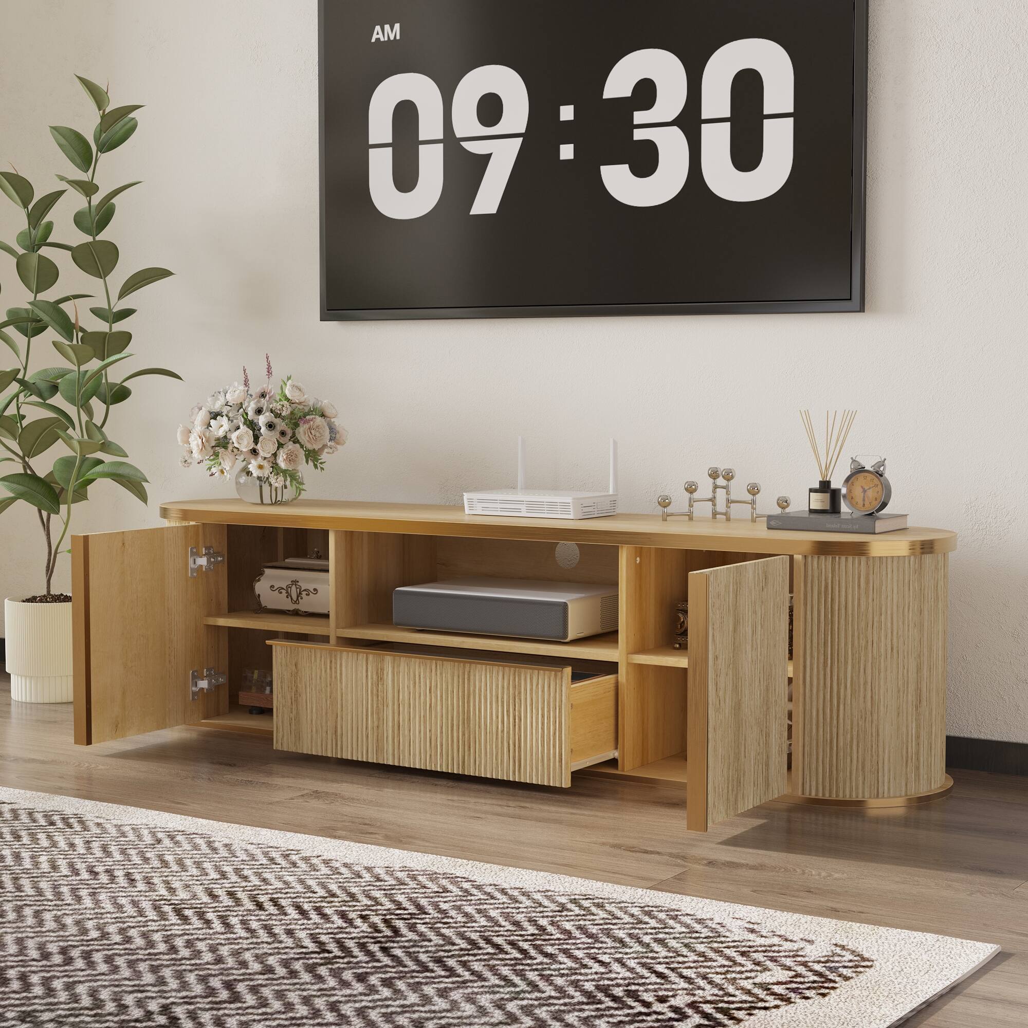 Angle. Famapy - Minimalist TV Stand with Cable Management, Handle-Free Upto 70" TV Media Console with Storage Cabinets and Open Shelves - Wooden.