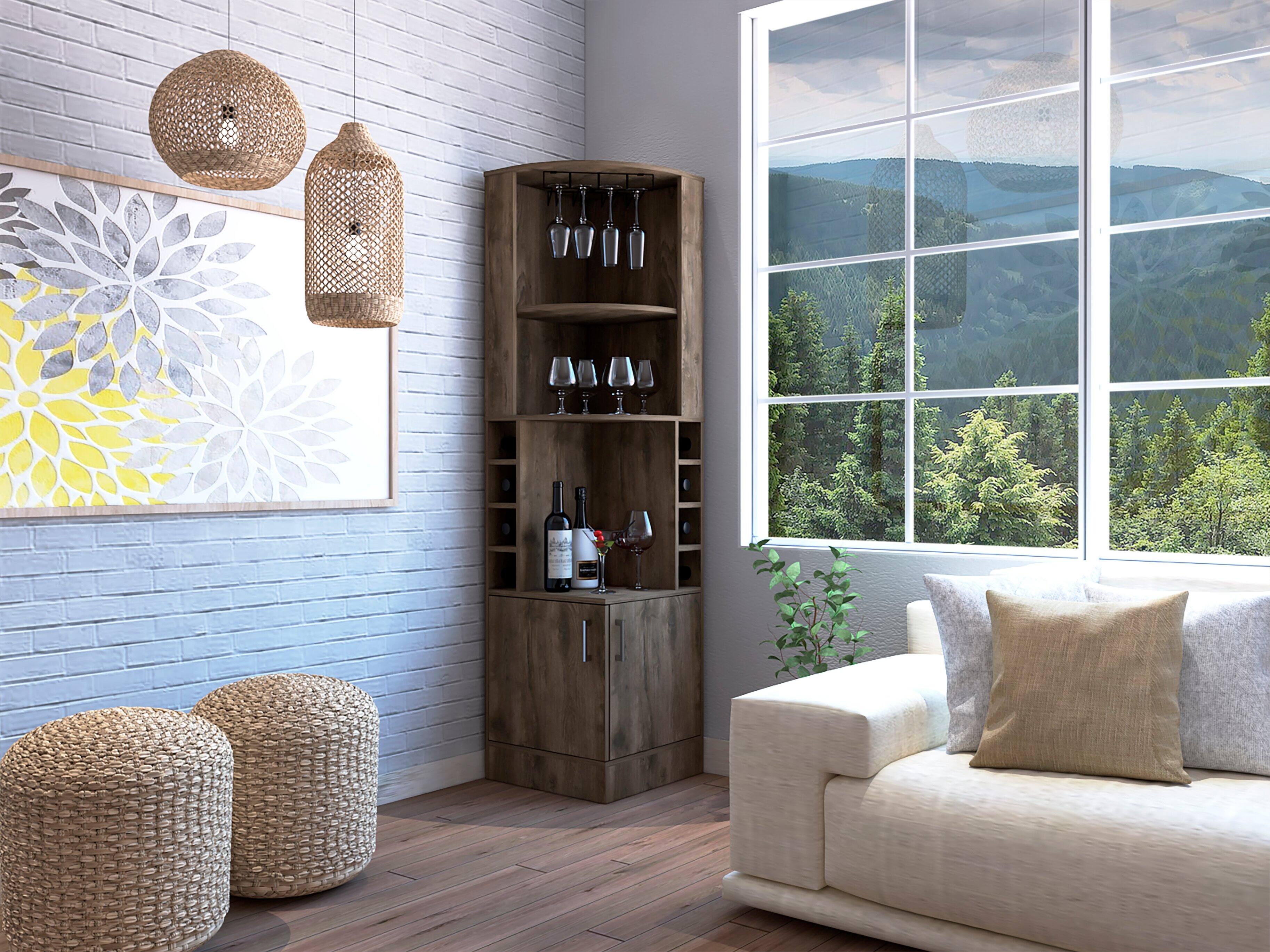 Angle. TuHome - Syrah Corner Bar Cabinet, Eight Bottle Cubbies, Double Door, Two Open Shelves, Bar Room or Living Room - Dark Brown.