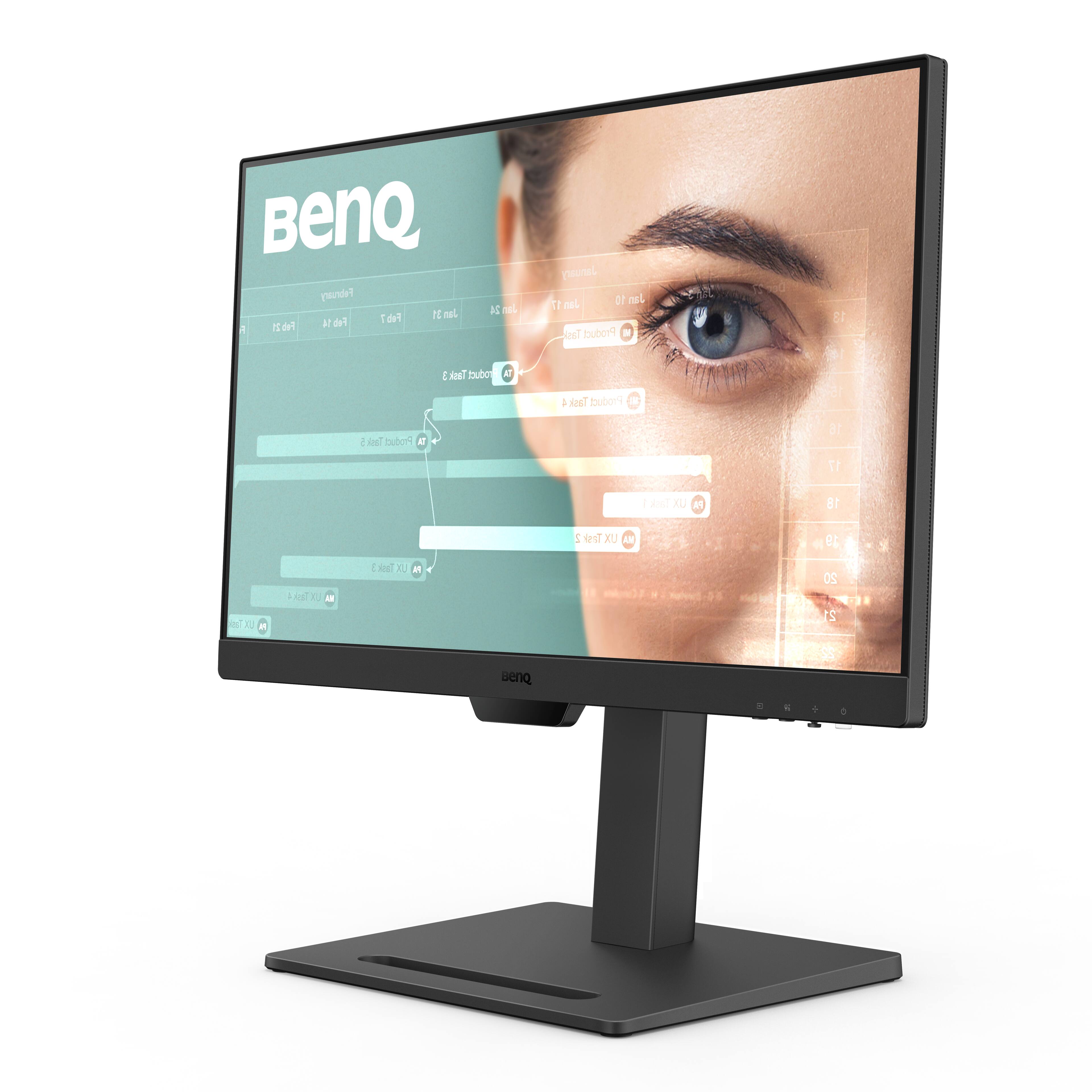 BeNQ is a product that is available in January. It is a task product that comes with a stand. The stand is black and the product is displayed on it. The image shows the product in a close-up view, showcasing its features.