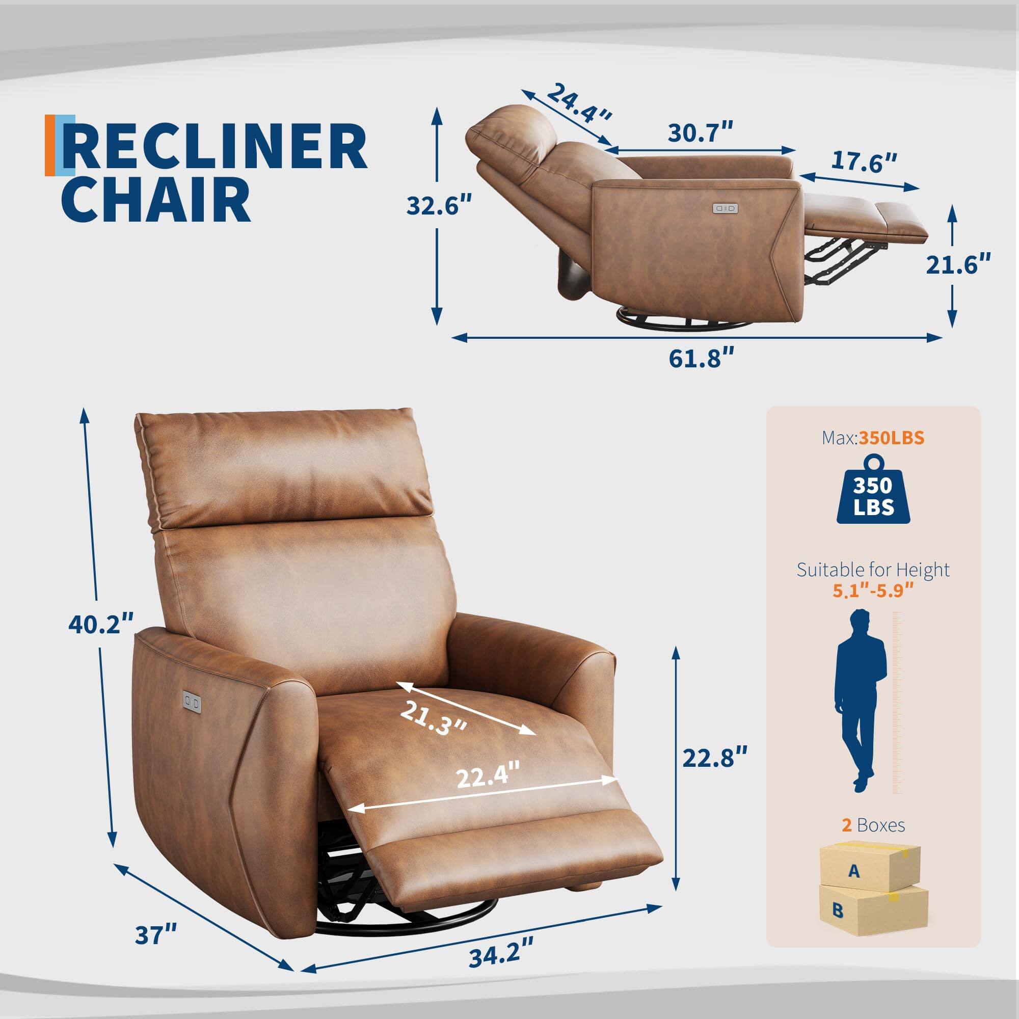 RECLINER CHAIR

- Width: 32.6"
- Depth: 24.4"
- Height: 61.8"
- Seat Height: 21.6"
- Seat Depth: 17.6"
- Back Height: 30.7"
- Armrest Height: 40.2"
- Seat Width: 22.4"
- Seat Depth: 21.3"
- Overall Height: 37"
- Overall Depth: 34.2"
- Overall Width: 22.8"

Max Weight Capacity: 350 LBS

Suitable for Height: 5.1" - 5.9"

2 Boxes (A and B)