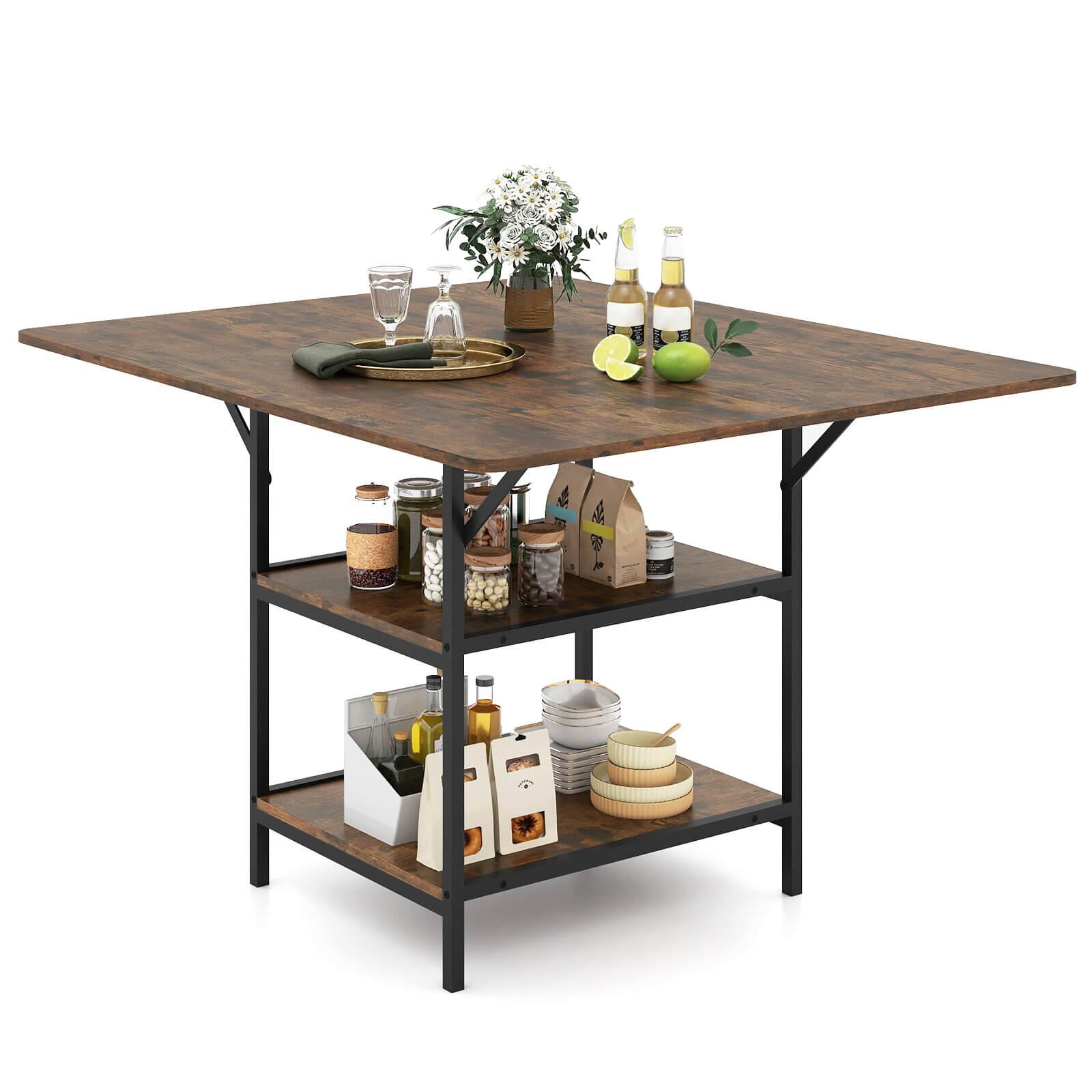 Costway - Dining Table for 4-6People,47"Rectangular Kitchen Table with 2-tier Storage Shelves - Rustic Brown,Black