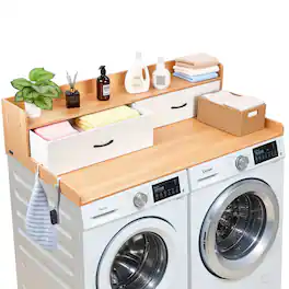 VEVOR - Washer Dryer Countertop with Shelf, 54 x 27.5 in Wooden Washer and Dryer Topper with 2 Drawers & 2 Hooks - Burlywood